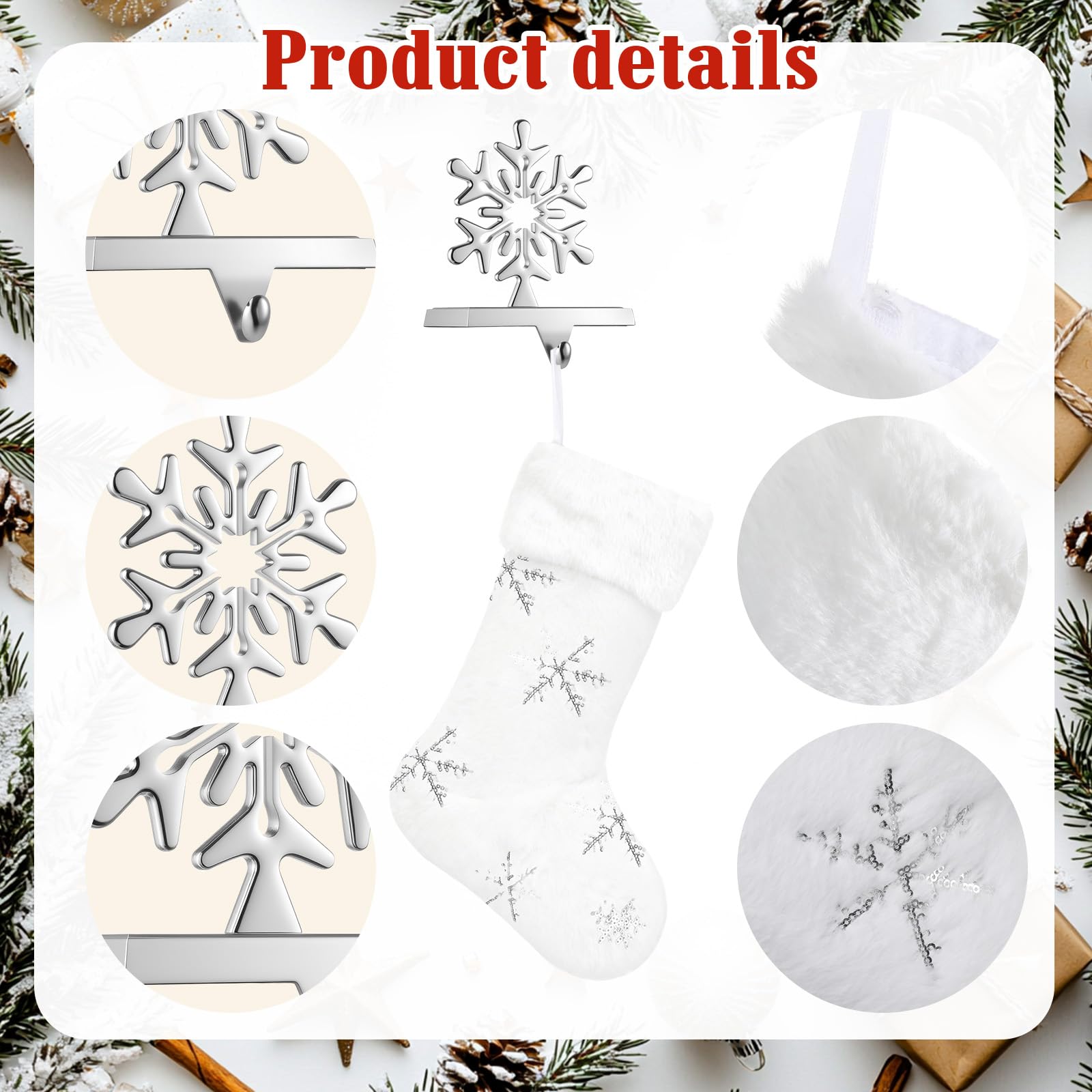 8 Pcs Christmas Stockings with Holder Set Includes 4 Faux Fur Stocking Ornaments 4 Mantle Snowflake Stocking Hangers Hooks for Xmas Family Party Decoration