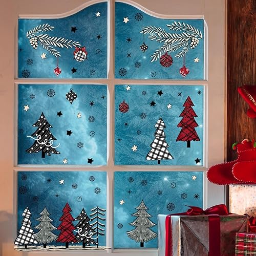 Miniatura 5 de Adhesivos para ventana de árbol de Navidad, diseño de búfalo de Navidad, a cuadros, de doble cara, copos de nieve de Navidad, bolas de luz,
