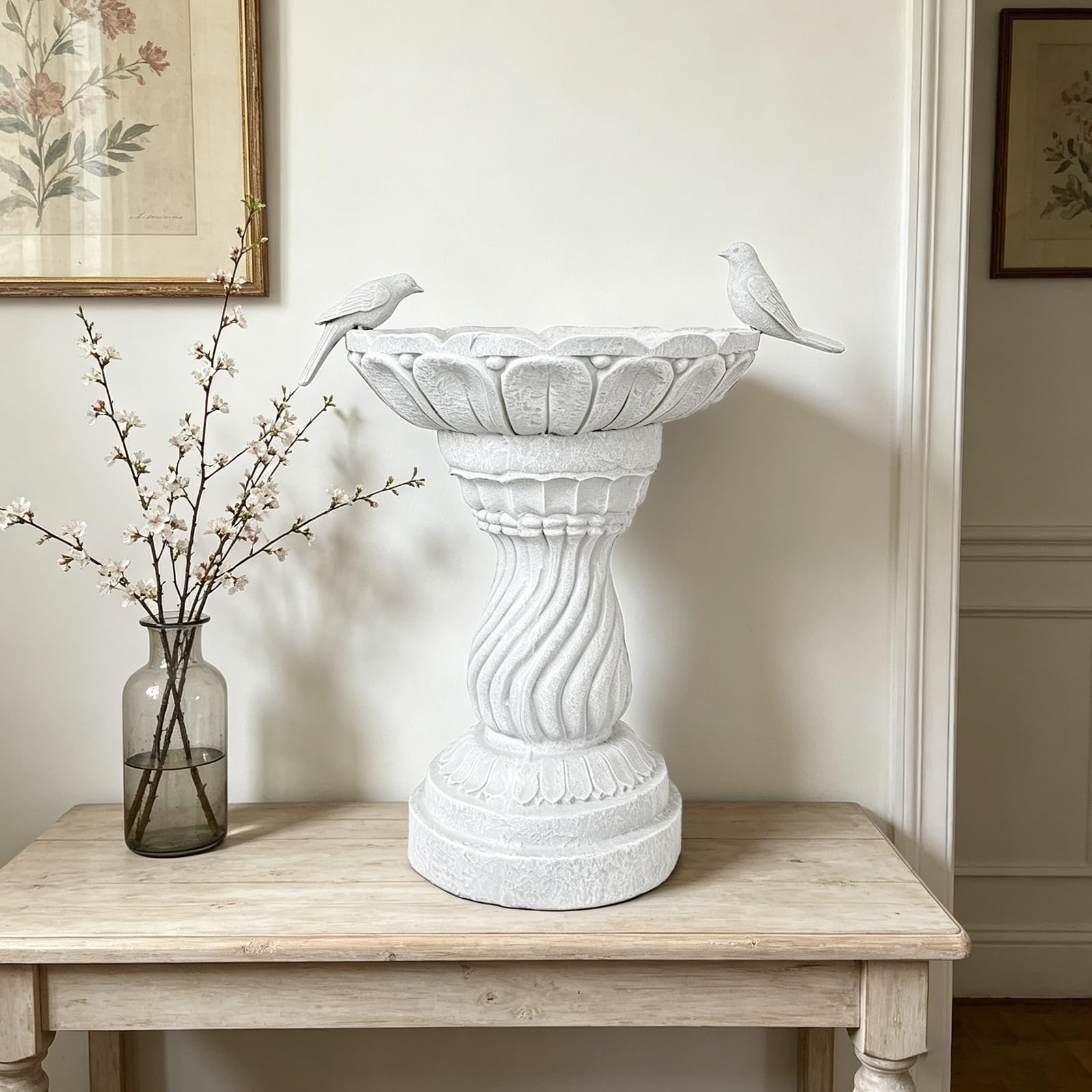 16,5-Zoll-Wasserstelle für Vögel mit Sockel, freistehende Vintage-Vogeltränke mit 2 Vögeln, frostsicher, für Freunde, Familie, Geschenke, Naturliebhaber, Garten