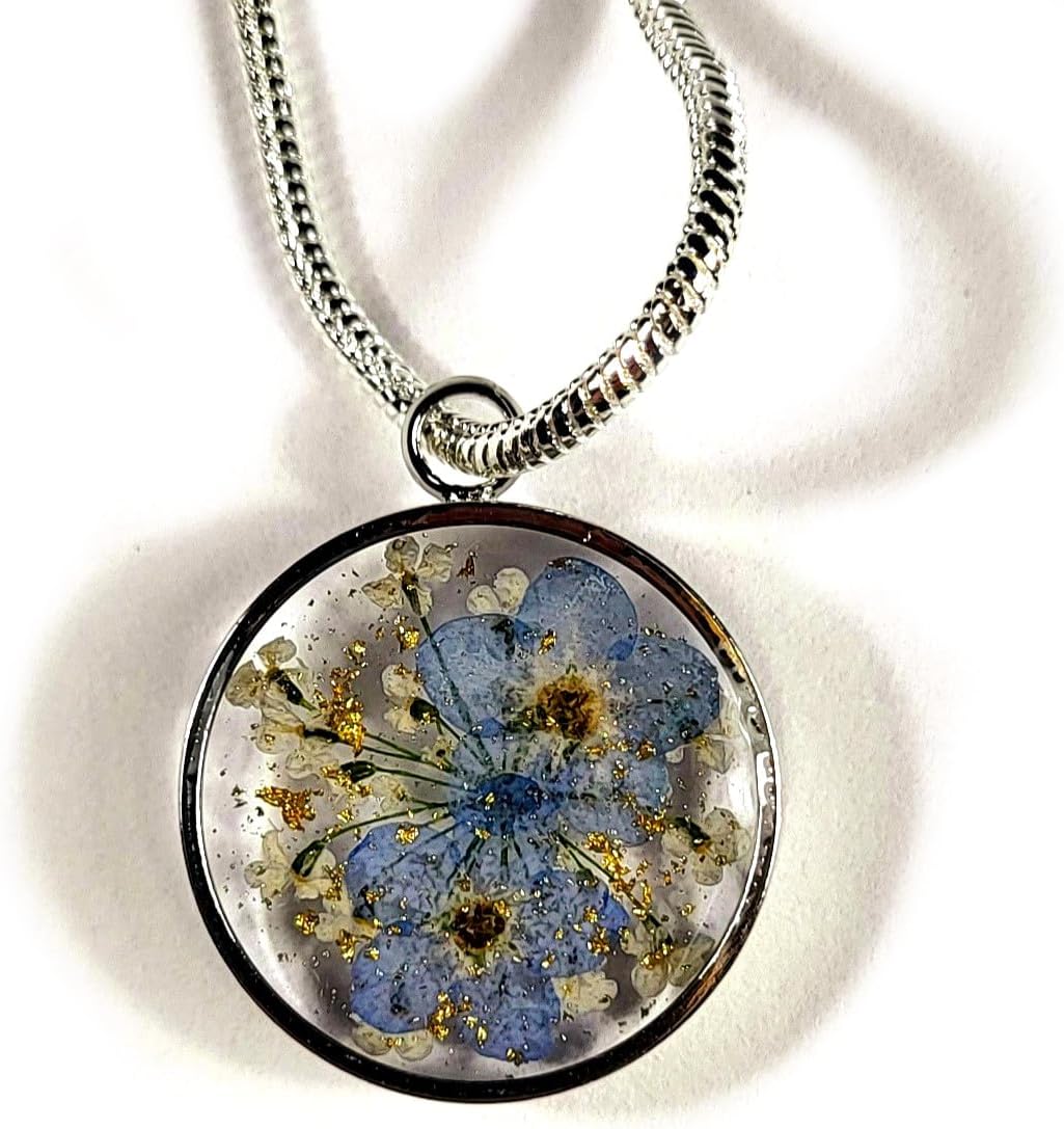 Real Forget-Me-Not Flower in Clear Lucite Resin Pendant Pressed Floral Herb Herbarium Specimen Alaska State Flower Elegant Botanical Necklace Birth Valentine Keepsake Gift + 18" Chain and Gift Box