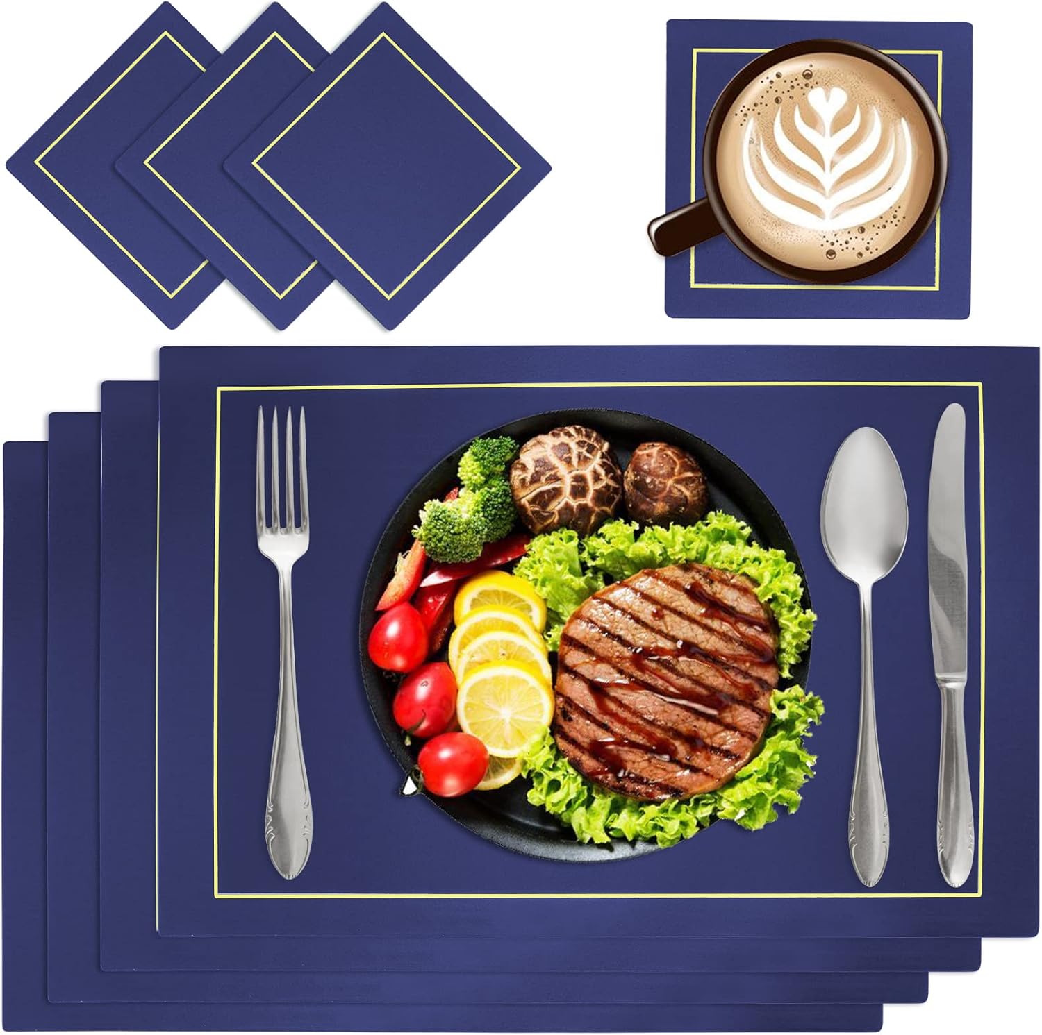 Ocves Placemats and Coasters Sets of 4, PU Leather Table Mats Heat