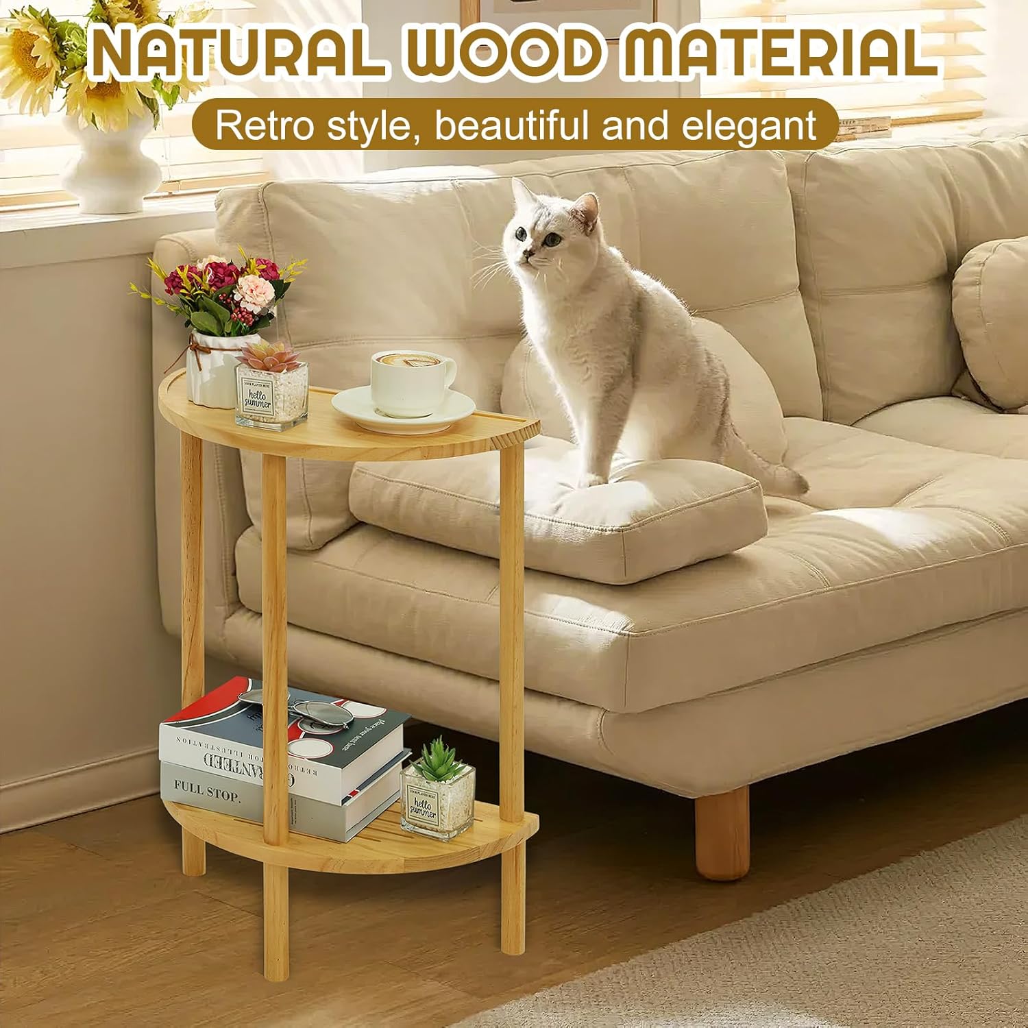 End Table Half Moon Side Tables, 2 Tier Half Round Side Table, Sofa Side Half Round Table with 2-Tier Storage Shelves, Nightstand for Living Room, Bedroom, Small Space, Rustic Brown, Boho Side Table