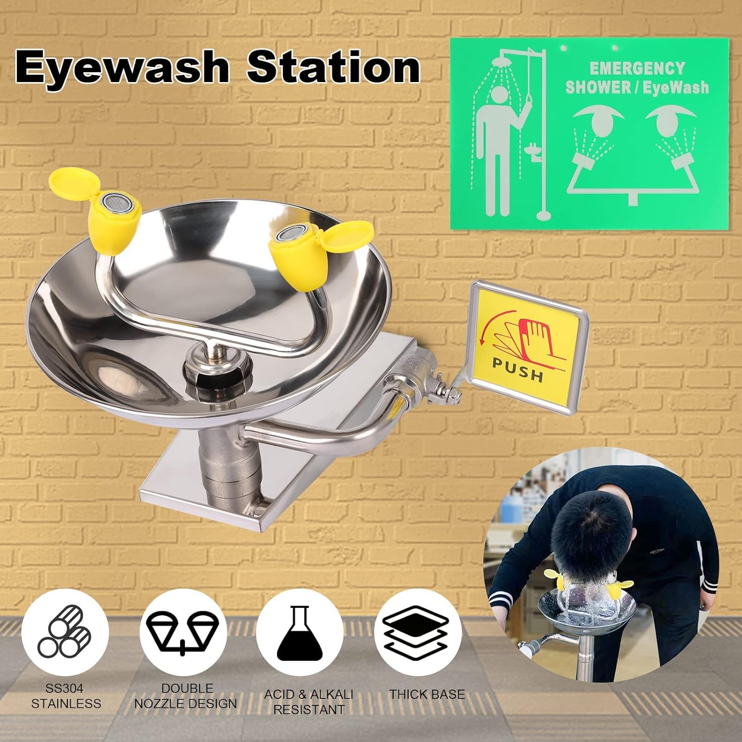 Station de lavage d'urgence murale en acier inoxydable pour une irrigation oculaire sûre, empêche les blessures secondaires sur les lieux de travail