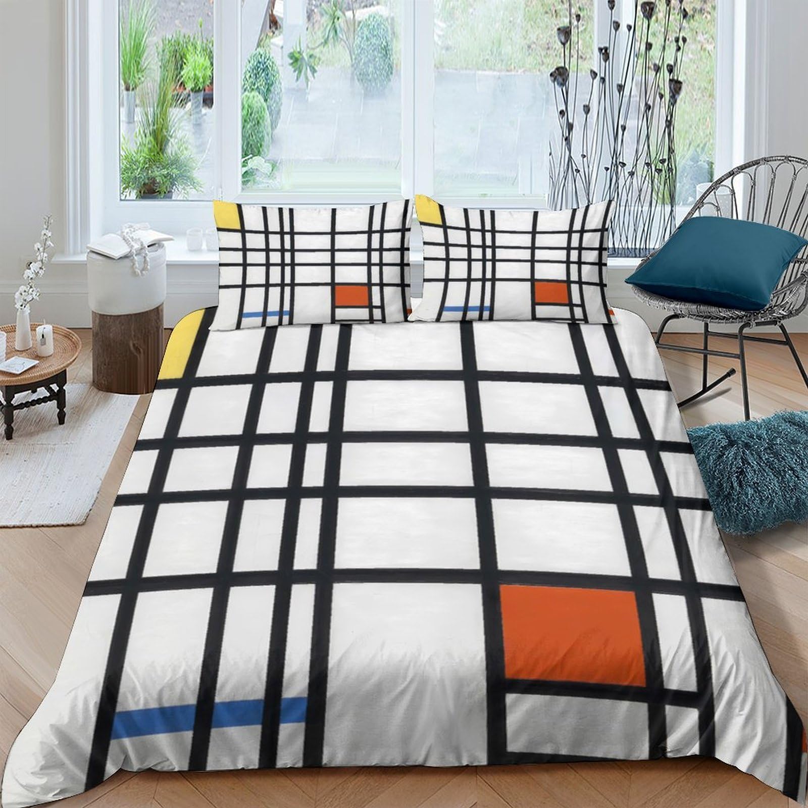 Ctjqhvkz Style-10 3D Printed Mondrian Grid Fitted Sheet Microfiber Soft Abstract Color Bed Cover For Bedroom Guest Room Mattress Decor Single（135X200cm）