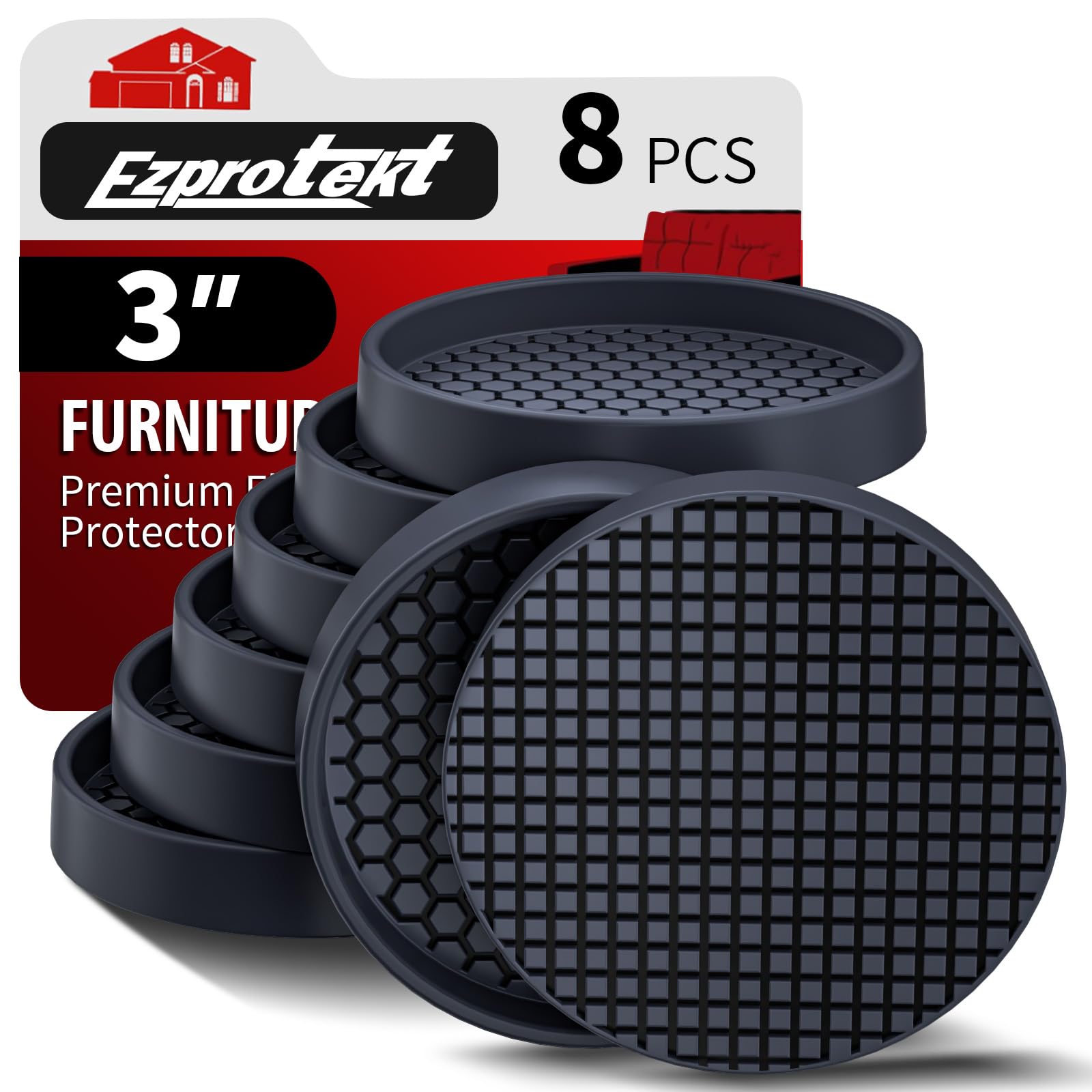 Ezprotekt Non Slip Furniture Pads, 8 Pcs 3" Anti Skid Rubber Furniture Caster Cups, Anti-Slip Furniture Coasters for Hardwood Floors, Anti Slide Floor Protectors for Bed Couch Stoppers (Black)