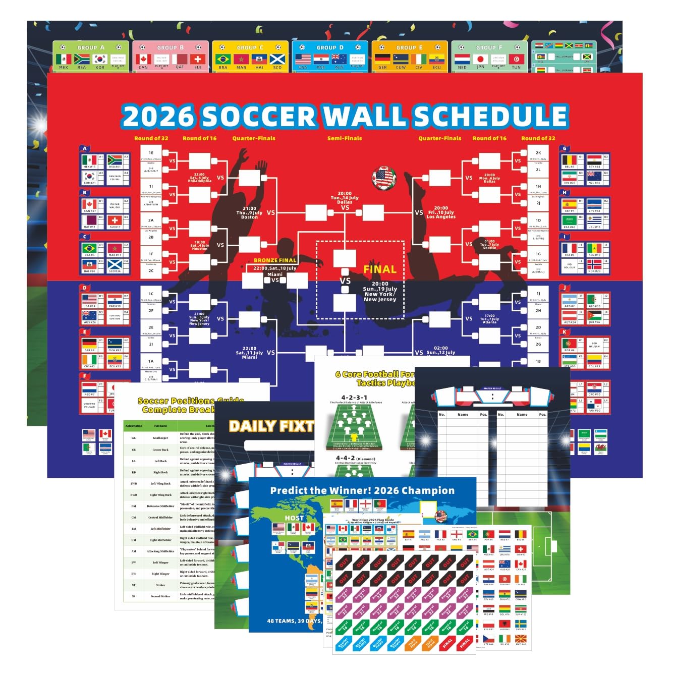 HOMIEVAR 2026 Football World Cup 8-in-1 Schedule Poster Set 22x33in Pre-Filled Group Stage, Position-Labeled Knockout Bracket, Team Guide & Interactive Flag Cards for Football Fans