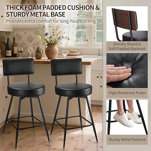 Miniatura 7 de Taburetes de bar, 25 pulgadas, giratorios, altura de mostrador, juego de 2, taburete giratorio de piel sintética negra con respaldo de madera y