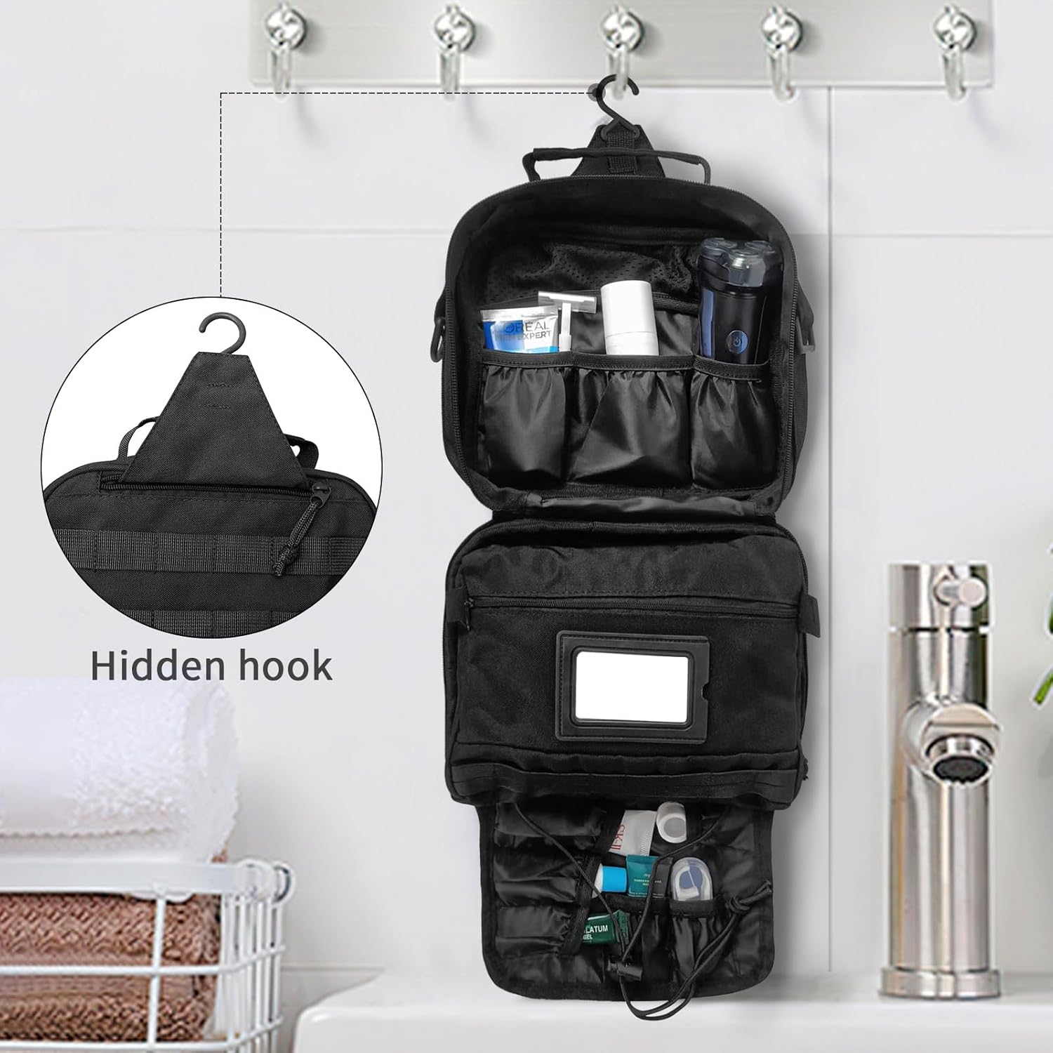 SUNRISING Tactical Toiletry Bag for Men and Women, Men's Travel Toiletry Bag,Hanging Toiletry Bag Organizer Dopp Kit, Shaving Bag,Toiletries Shower Hygiene Bathroom Bag for Short Trips Camping - Black - Image 5