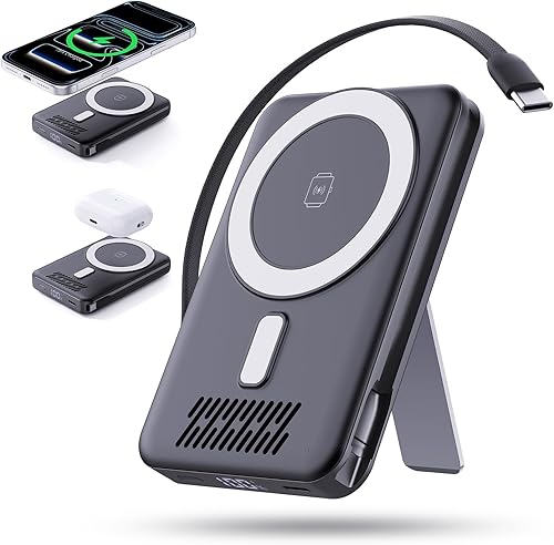 Banco de energía inalámbrico, cargador portátil de 12800 mAh con cables integrados, pantalla LED, batería magnética, artículos esenciales de viaje