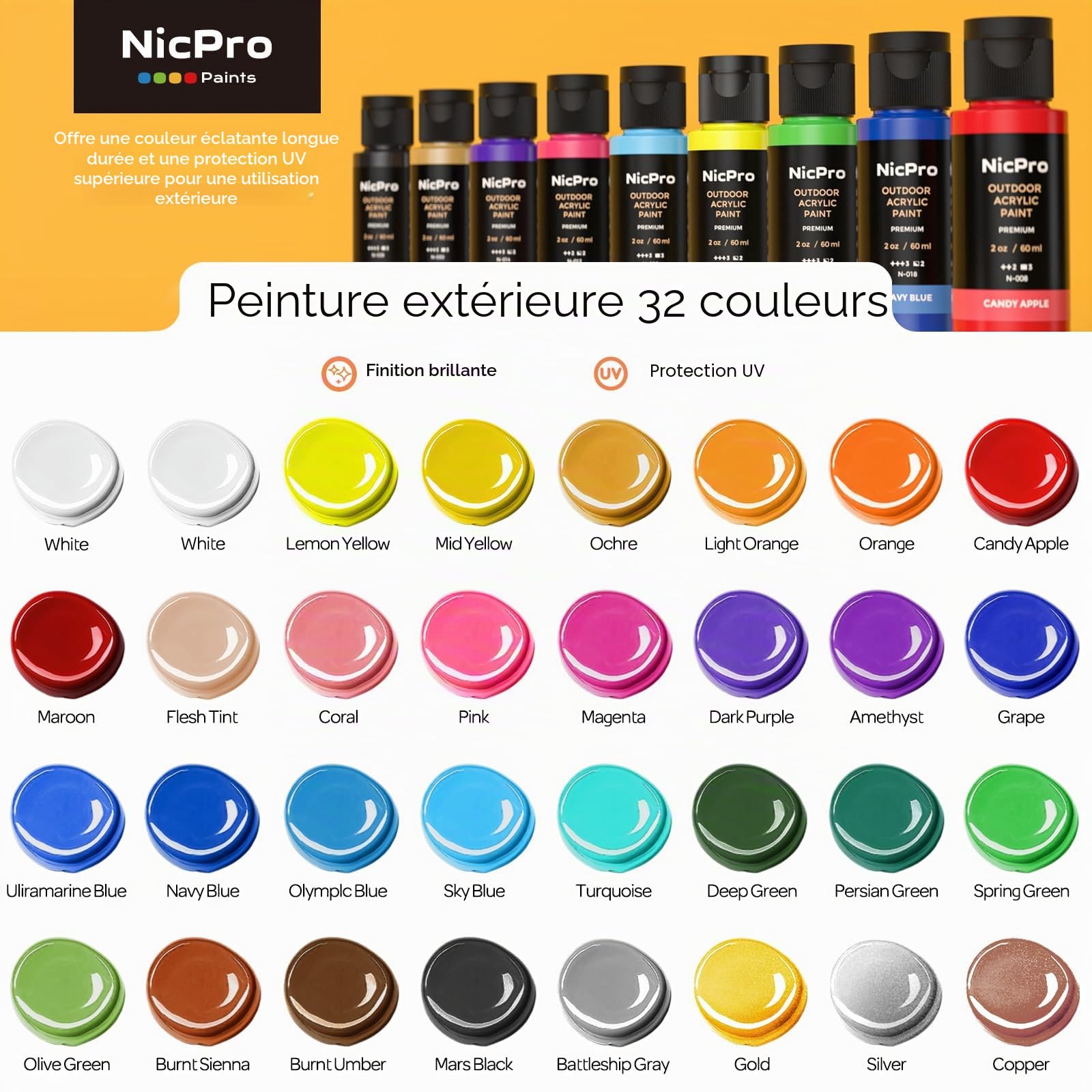 Nicpro Ensemble de peinture acrylique pour extérieur 32 couleurs en vrac avec pinceau et éponge, couteau, peinture non toxique pour plusieurs surfaces : roche, bois, tissu, cuir, travaux manuels
