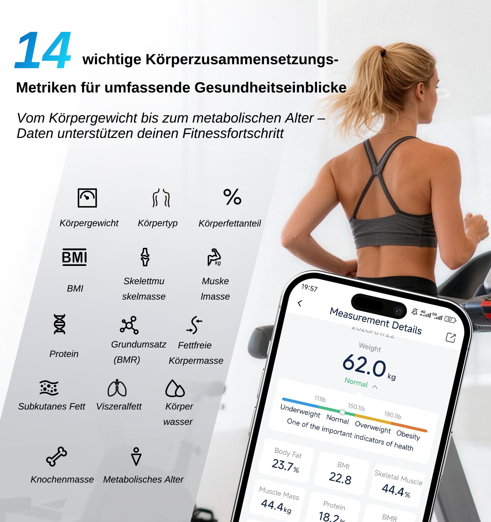 GE Bilancia pesapersone digitale con grande display, bilancia intelligente con grasso corporeo e massa muscolare, con app, 14 misure corporee, BMI, Bluetooth, fino a 180 kg, bianco