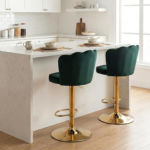 Miniatura 4 de Taburetes de bar giratorios de altura de barra, juego de 2 taburetes de bar tapizados ajustables de terciopelo con respaldo/base dorada para isla de