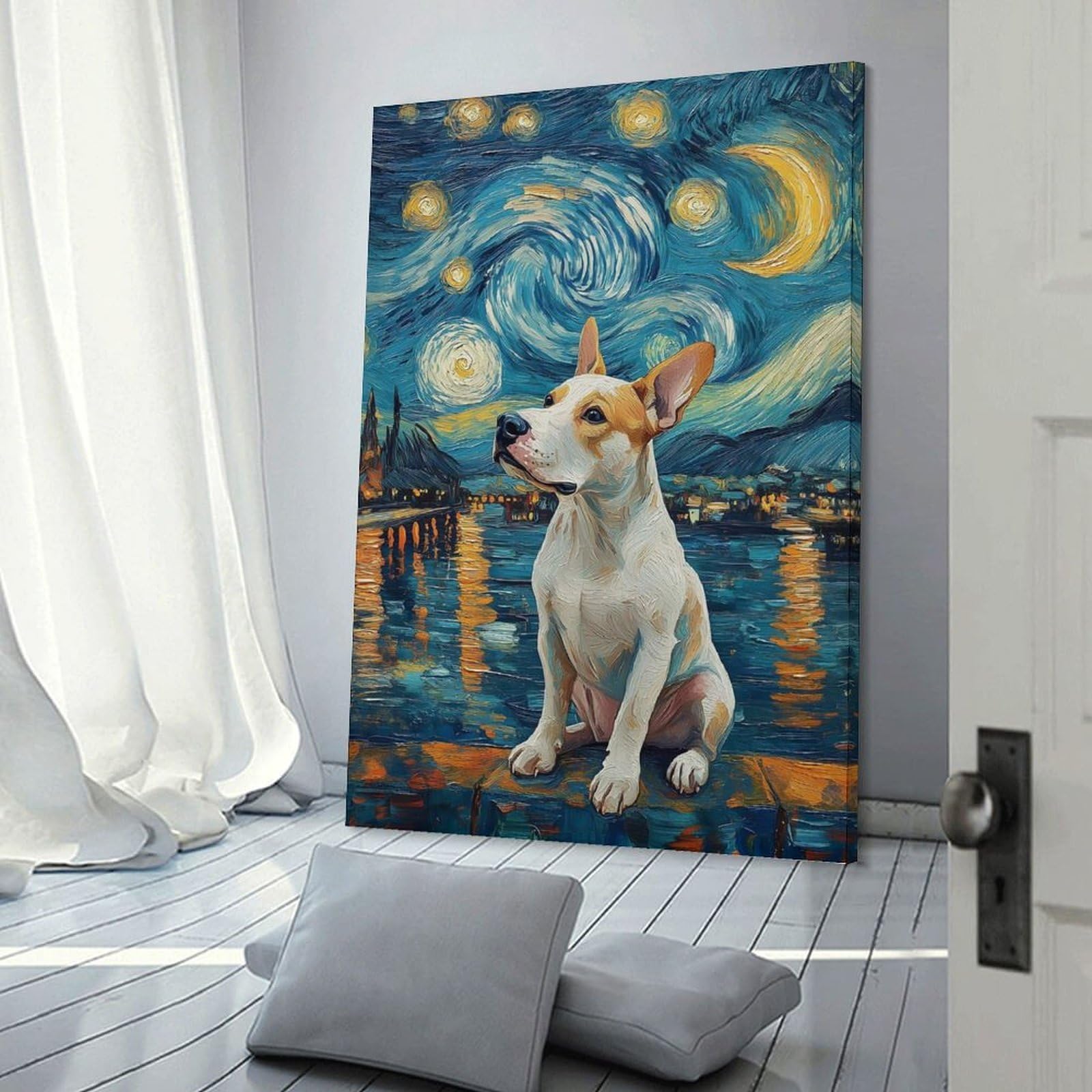 Junmoney Wall Picture Print Dog in Starry Night Style Van Gogh Painting, 24x36inch(60x90cm), for Wall Displays, Bedrooms Or Room Updates, Wall Decor Suited to Curated Displays