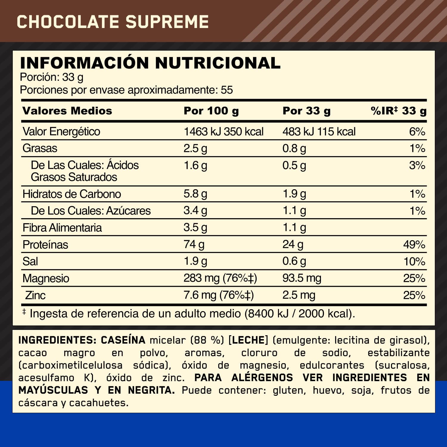 Optimum Nutrition Gold Standard 100% Proteína de Caseína en Polvo, Sabor Chocolate Supremo, 1.82kg, 55 Servicios
