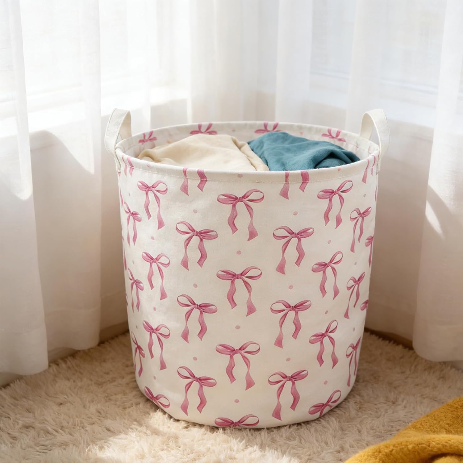 AKAZA 2pcs Bow Laundry Basket For Girls -Cute Kids Storage Bin Organizer With Bow,Pink Laundry Hamper,Waterproof Collapsible Canvas Laundry Basket, Baby Girl Gift, Playroom & Closet Organization