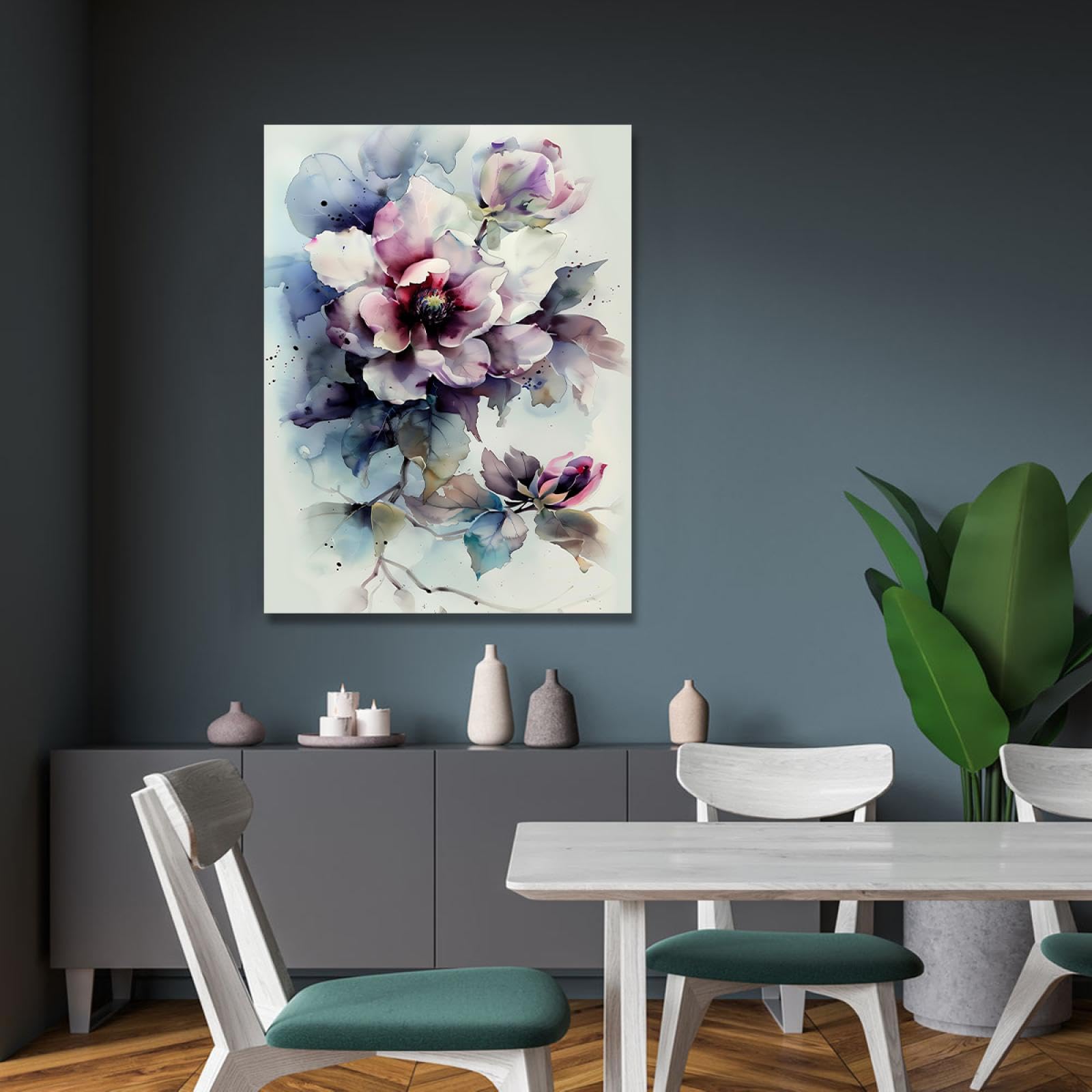 SHENGPOSTER Vintage obraz atramentowy sztuka ścienna płótno plakat botaniczne kwiaty martwa natura malarstwo galeria zdjęć owinięty salon dekoracja domu 85 x 120 cm rama wewnętrzna