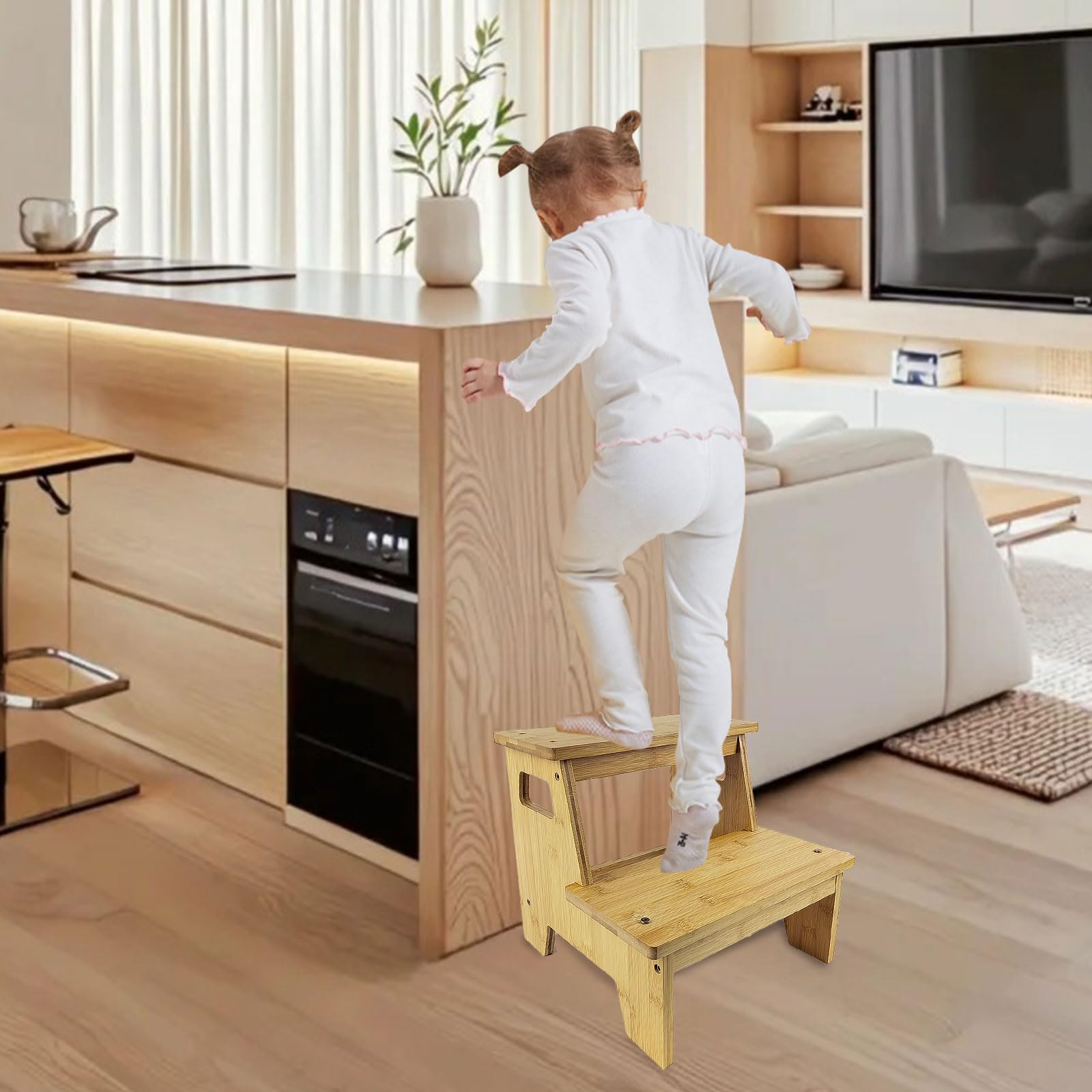 Gradino Legno, con 2 Gradini, Maniglia e Tappetino Antiscivolo, Sicuro e Stabile, Superficie Liscia e Priva di Bave, Adatto a Bagni, Cucine e Camere Dei Bambini