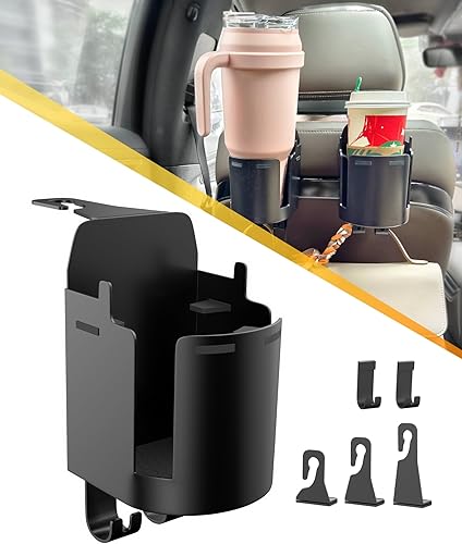 Portavasos para reposacabezas para asiento trasero, soporte estable resistente a derrames con ganchos para bolsas, se adapta a botellas de 50 onzas,