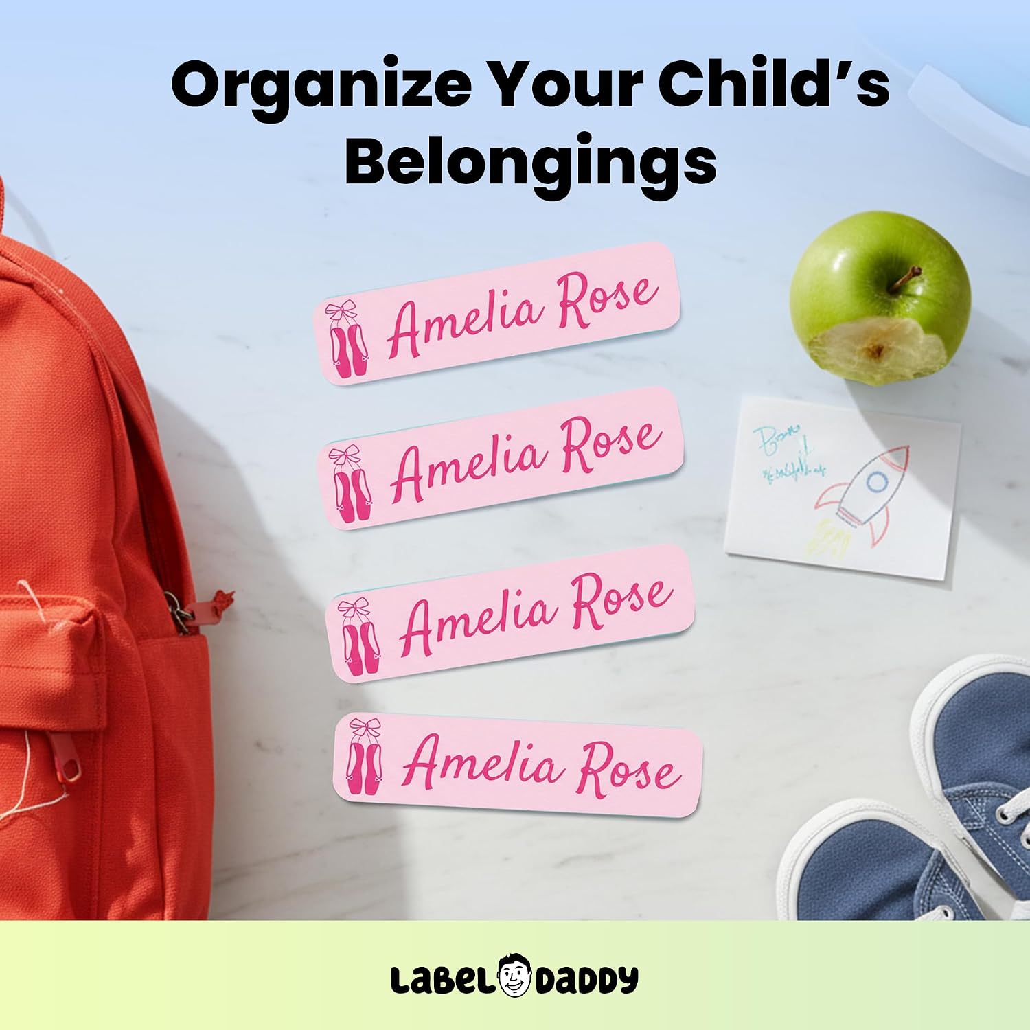 Label Daddy – Custom Name Labels for Girls – Waterproof Personalized Name for Daycare, School & Camp | No Iron Needed | Durable Labels for Bottles, Backpacks & More – Ballet Design | 80 Ct & 160 Ct