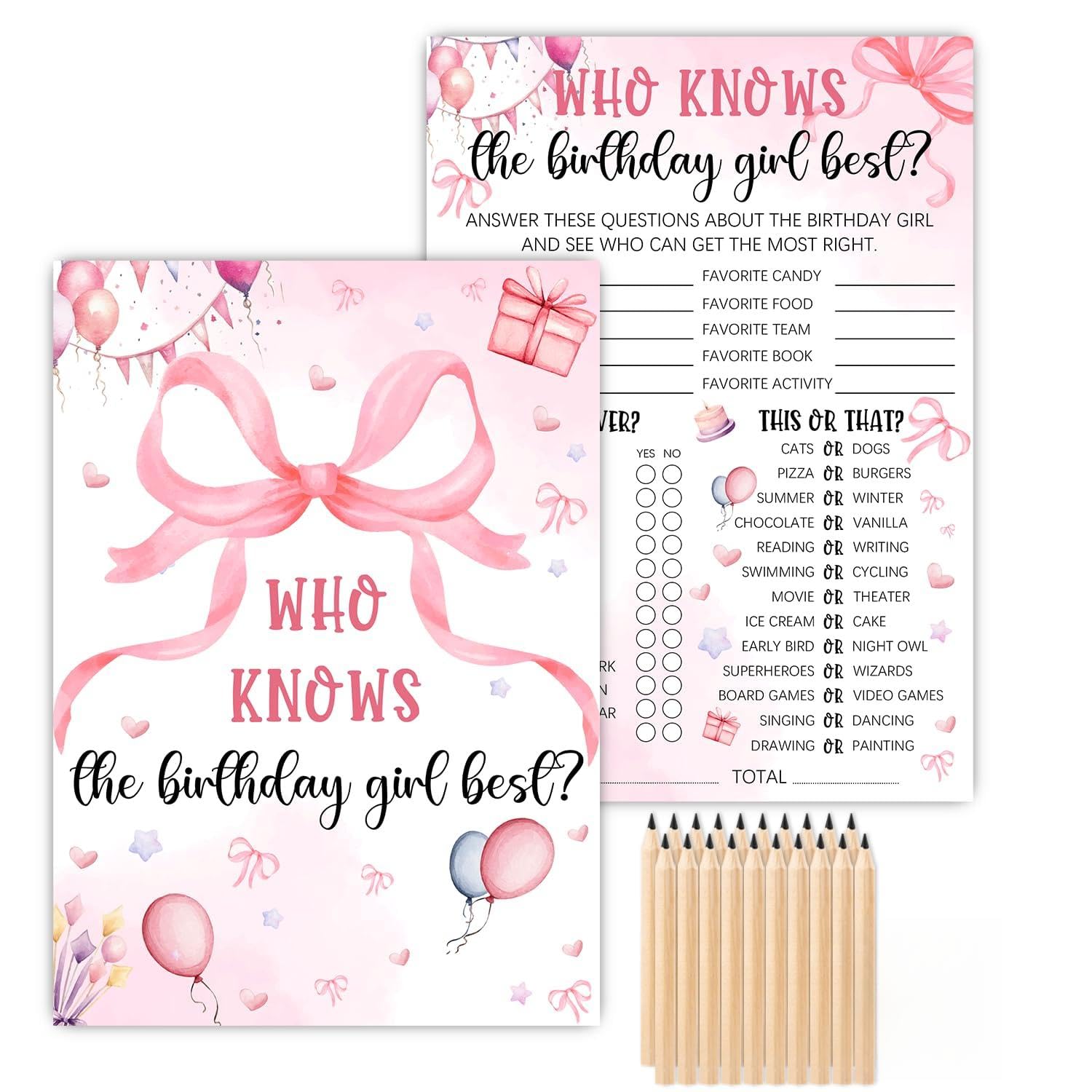 Who Knows The Birthday Girl Best, Pink Party Game Card Set, 5x7 inch, Pink Bow Theme Girls Sleepover Party Supplies, Girls Birthday Night Game Ideas, 20 Cards + 20 Pencils