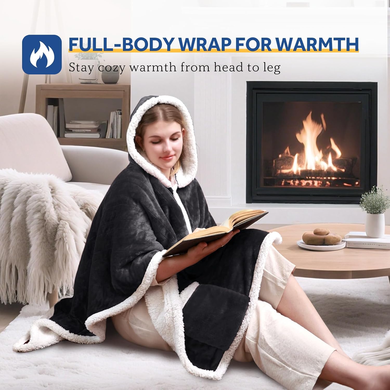 Sealy Heated Throw Wearable Shawl Wrap with Pockets, Reversible Flannel to Sherpa Electric Blanket Hoodie Poncho with 6 Heating Levels & 2-10 Hours Time Settings, 50 X 60 Inch, Charcoal - Image 2