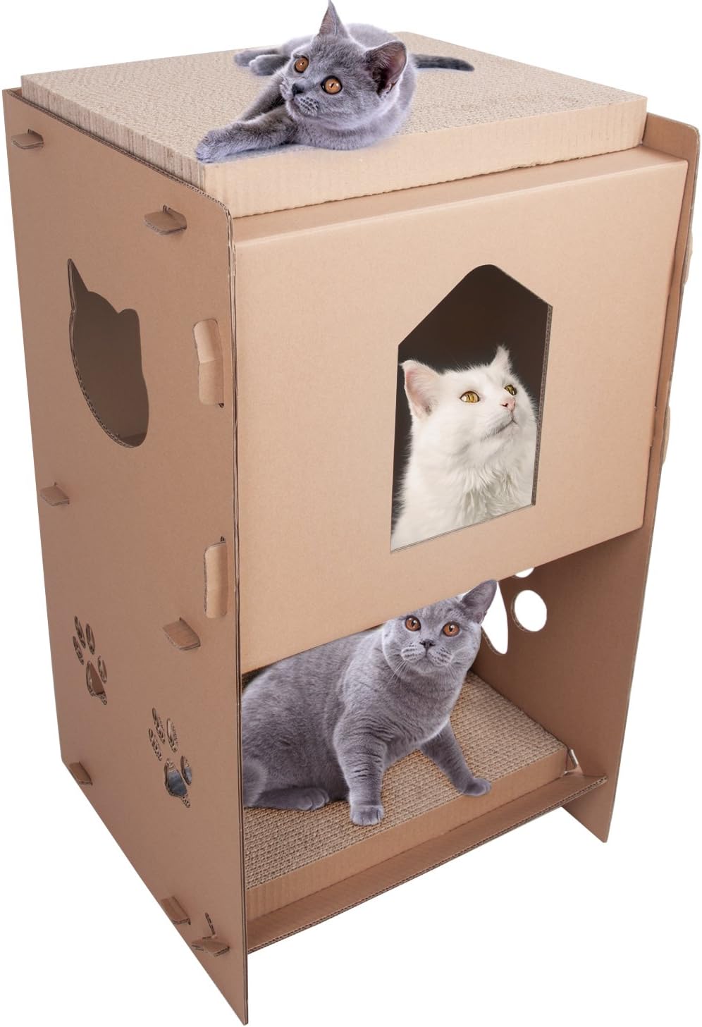 Elevens Cat Scratcher House - Three Story Cat House Scratcher Bed Cave Nest Lounge with 2 Removable Scratching Boards