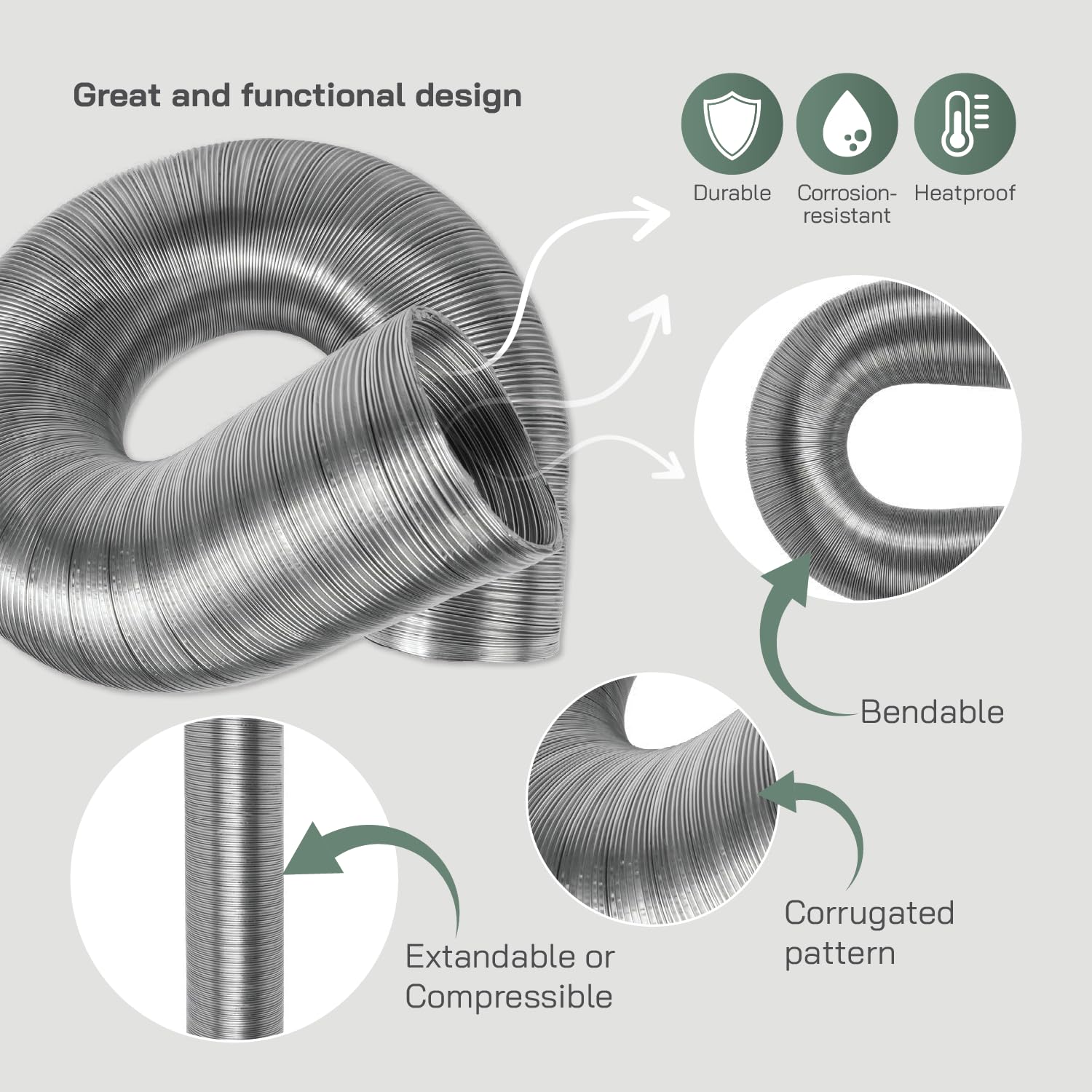 Vent Systems diameter 80 mm, 3 m / diameter 3-10ft Round Flexible Aluminium Hose Pipe - Image 4