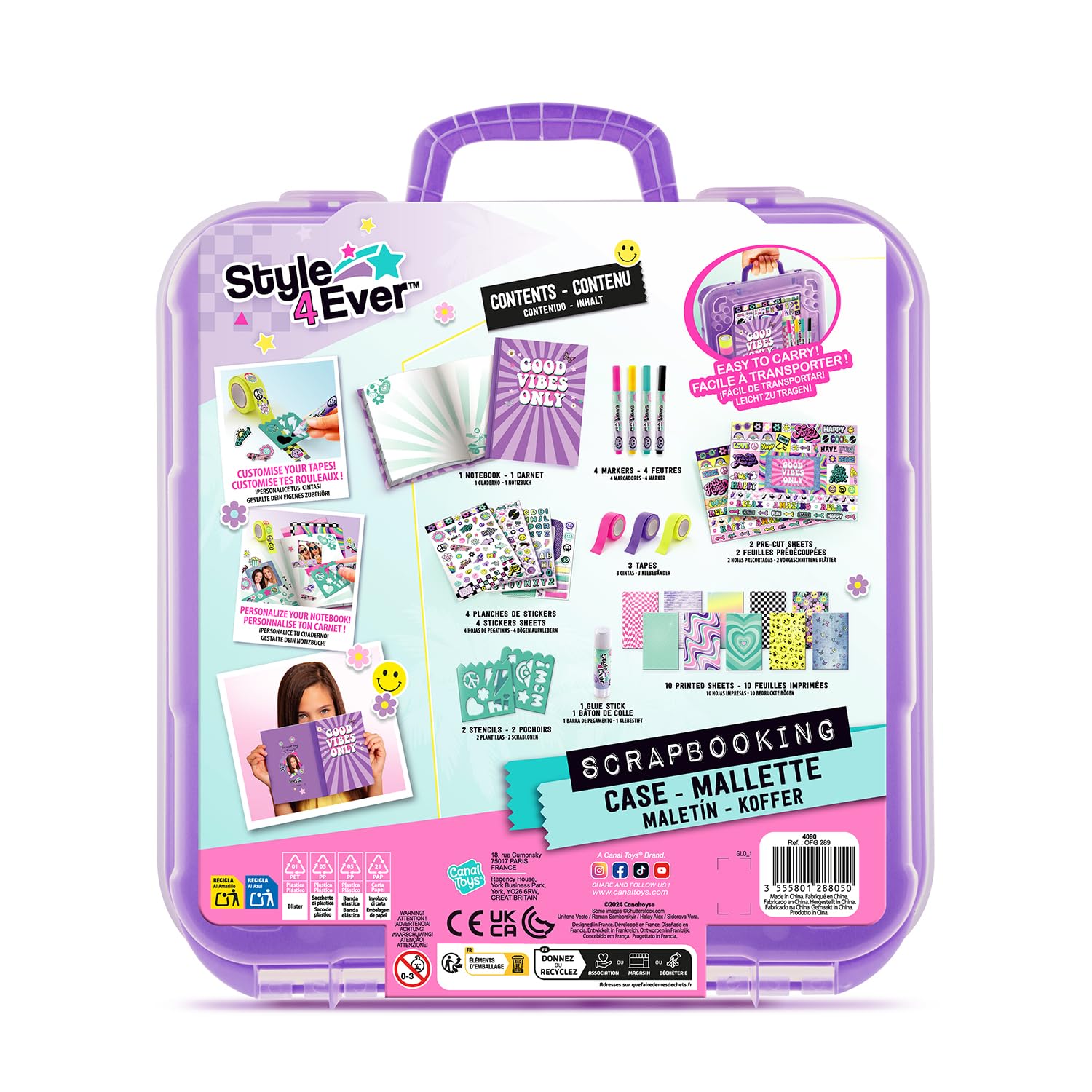 Canal Toys - Style 4 Ever - Valigetta di decorazione con diario - Kit con +250 Accessori, Nastri Adesivi, Adesivi, Pennarelli, Stencil - Scrapbooking Case - OFG289