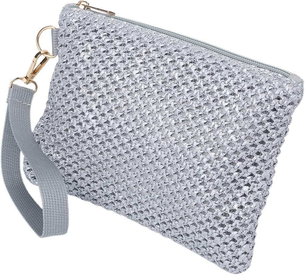 CREATCABIN Beige Straw Woven Cosmetic Pouch Bohemian Beach Straw Purses Portable Vacation Travel Storage Clutch Bags for Outdoor Camping Toiletry Makeup Tools Organiser Hawaii Zipper Handbags 8.3x6in