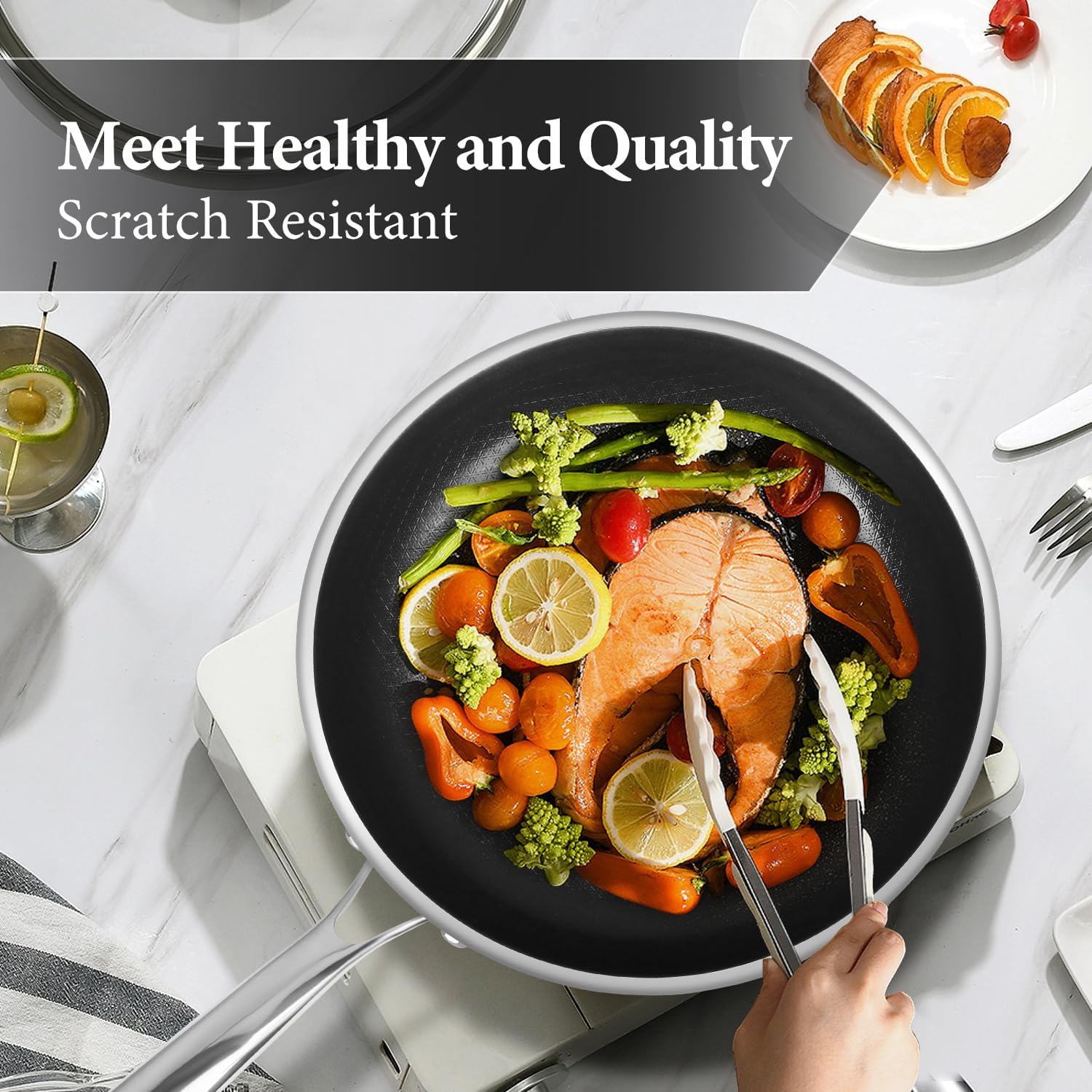 Non Stick 12-Inch Pan, Titanium Hybrid Pan with Lid, Stay-Cool Handle, Professional Frying Pan, Dishwasher Friendly, Oven Safe, Compatible with All Cooktop