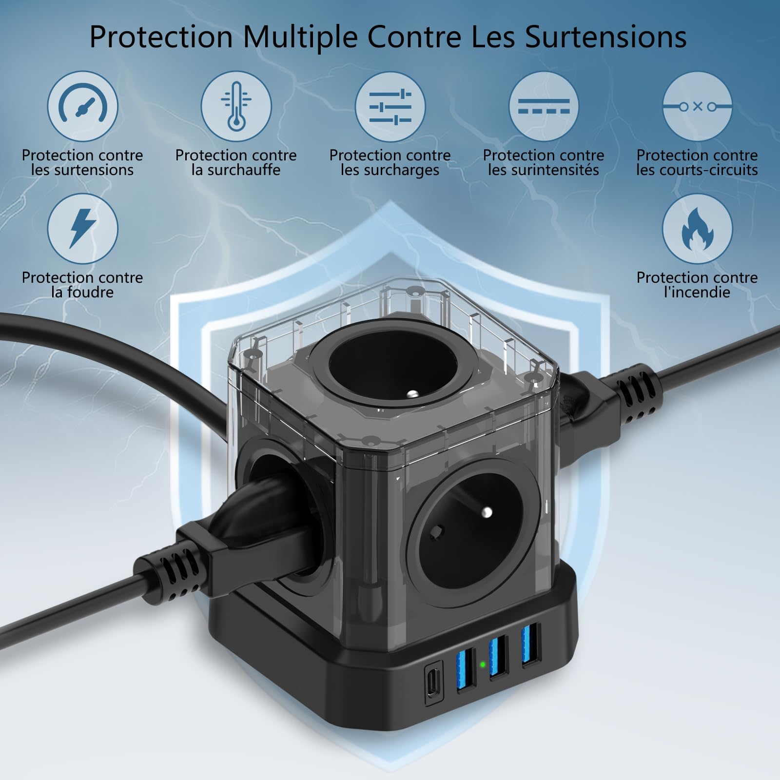 NVEESHOX Cubo Multipresa a 5 prese con 3 porte USB +1 USB C PD20W porte | Multipresa Scaricatore con Interruttore, (16A/4000W) - Blocco multipresa elettrica cavo 2M per casa ufficio, viaggio (nero)