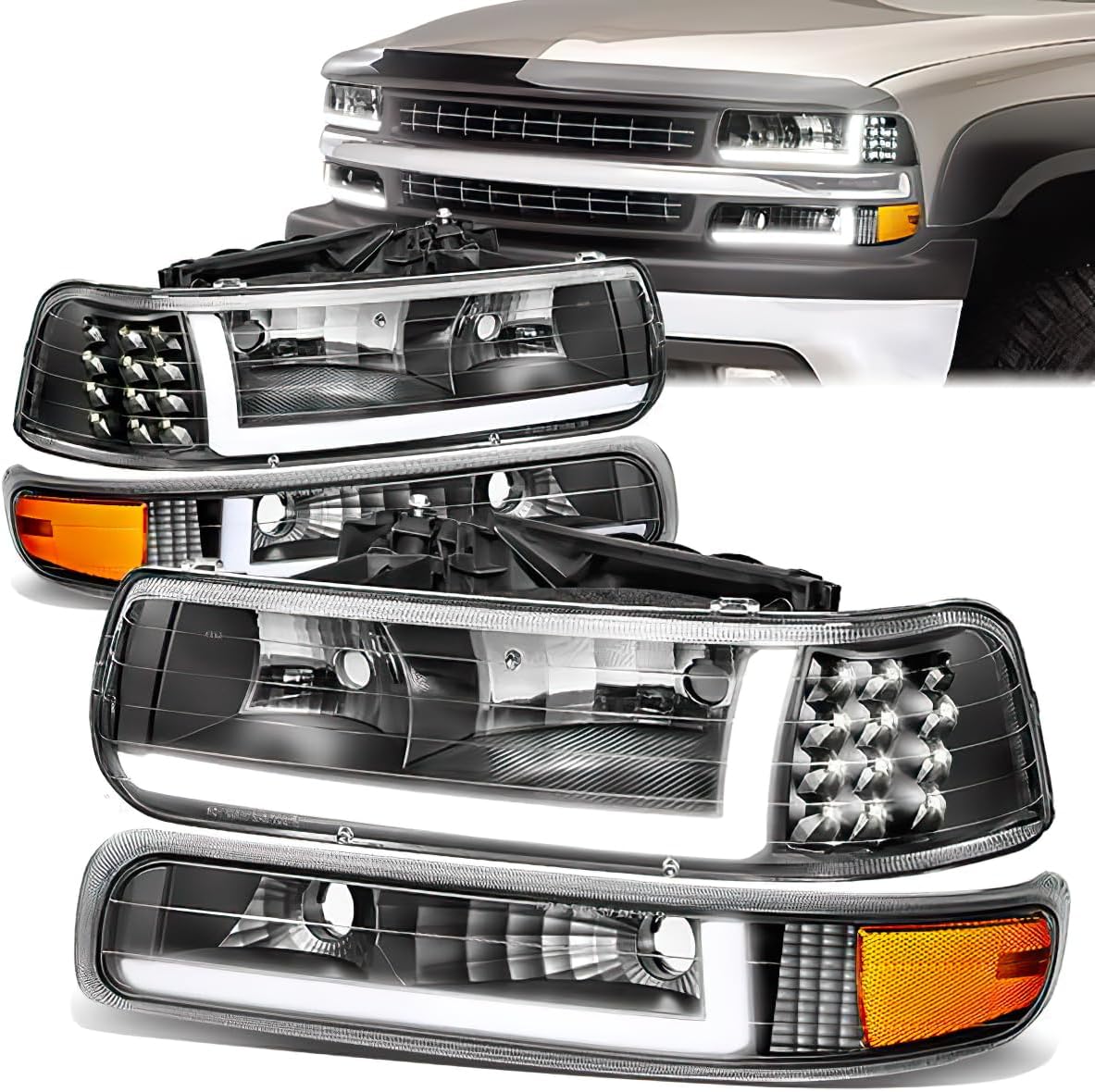 LED DRL Headlight Assemblies Compatible with 99-02 Chevy Silverado 00-06 Suburban OE Style Replacement with Bumper Lamps Black Housing Amber Corner