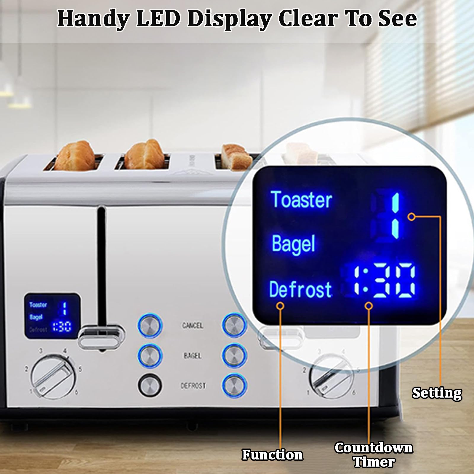 Tostapane In Acciaio Inox, Timer Per Il Conto Alla Rovescia, Funzioni Bagel/Scongelamento/Riscaldamento/Annullamento, Griglia Scaldavivande, Vassoio Rimovibile