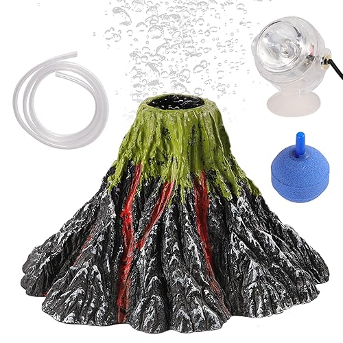 FISORAS Aquarium Volcano Ornament Kit,Fish Tank Bubble Decorations,Colorful LED Aquarium Light for Fish Tank,Aquarium Decor Resin Volcano with Air Stone and Airline Tube