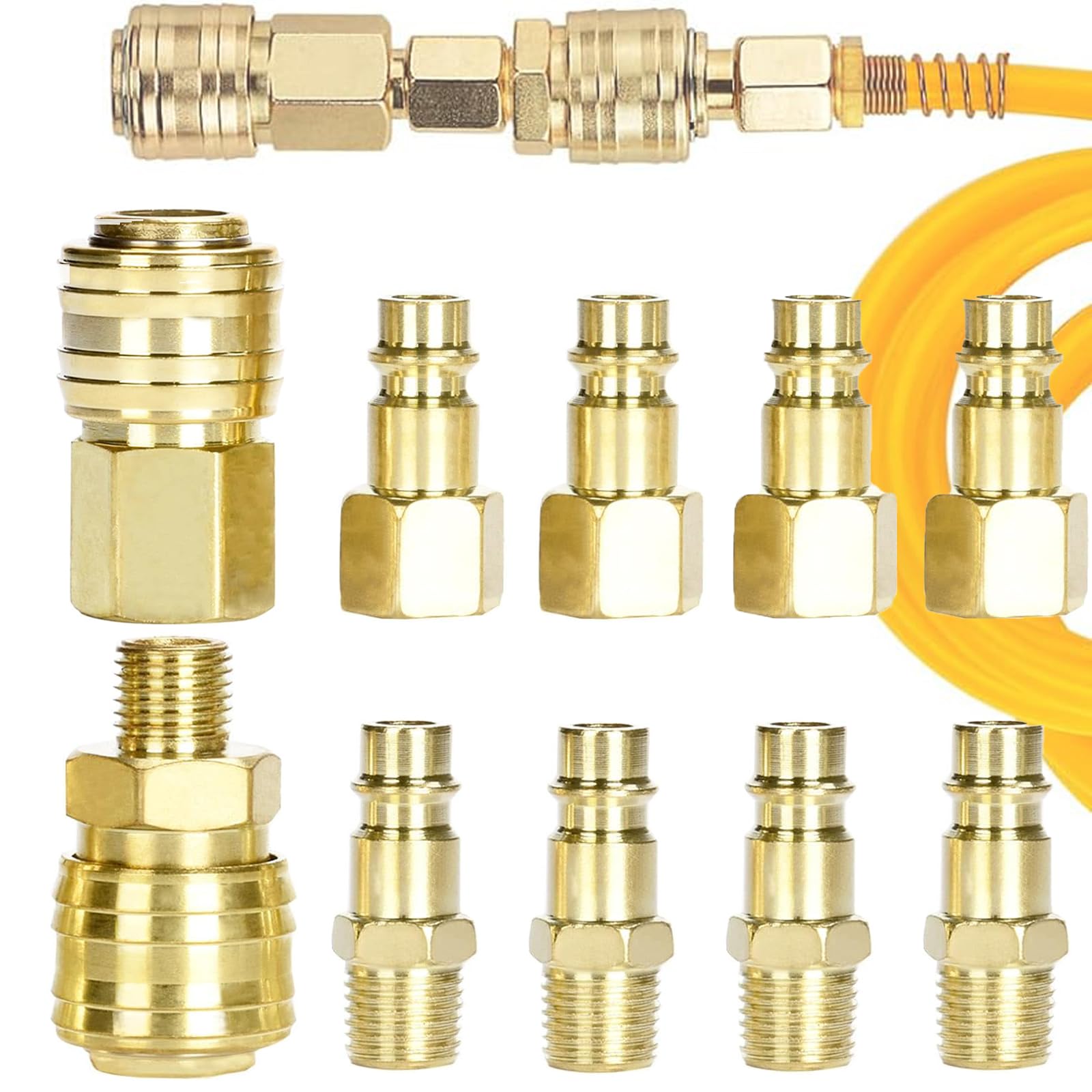 Mikqky 10 Piezas Acoplamiento Rápido De Aire Comprimido, Acoplador De Aire 1/4" Bsp, Accesorios Para Compresores De Aire Con Conectores Hembra y Macho, 1/4" Bsp Euro Acoplamiento Rápido Acoplador(Oro)