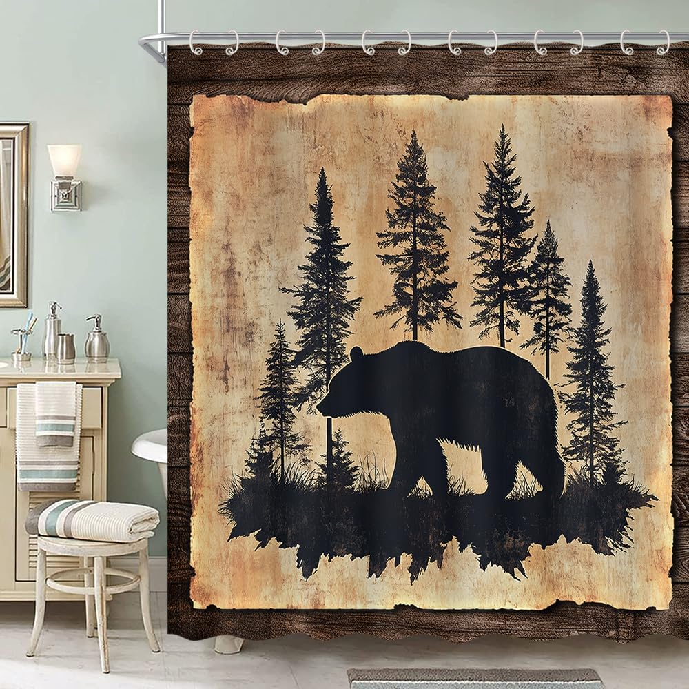 Rustic Bear Shower Curtain, Farmhouse Country Wild Animal Forest Vintage Wood Decor Bath Curtain, Hunting Camping Waterproof Fabric Bathroom Accessories Set with Hooks, 70X75IN