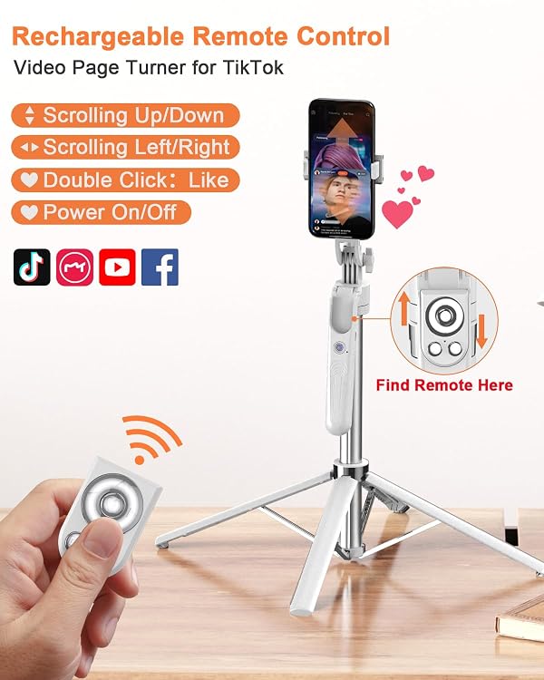 Yeaki 71” Auto Face Tracking Tripod for iPhone with Light,360° Rotating Phone Stand with Rechargeable Remote Control for TikTok Vlog, Phone Tripod for Android Camera/GoPro/Ring Light (White) by Yeaki - Image 3