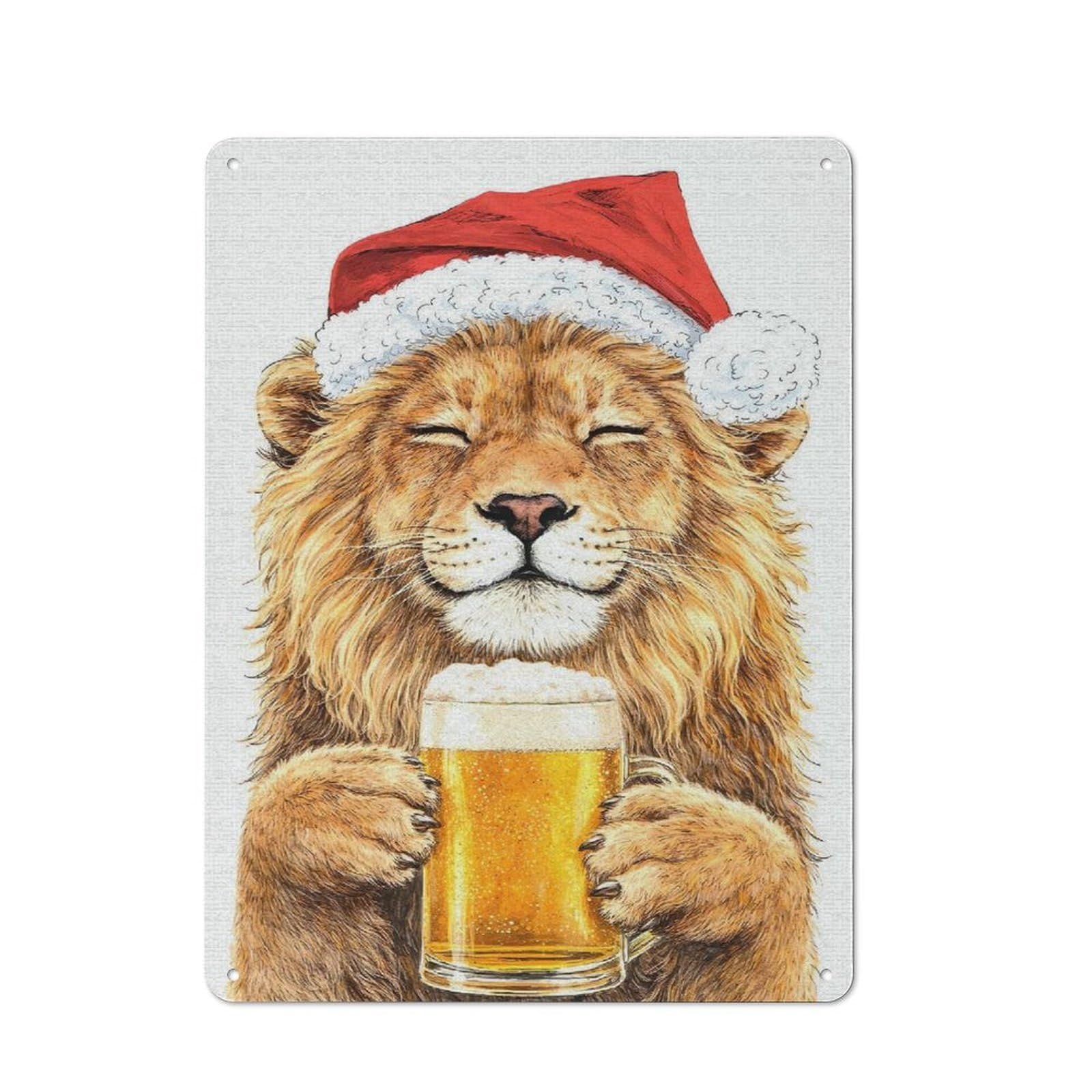 Junmoney Style-10 Kitchen Metal Sign With Lion In Santa Hat With Beer Design 40X30cm, Cosy Kitchen Wall Decor For Coffee Bar, Kitchen, Bistro Or Tea Corner