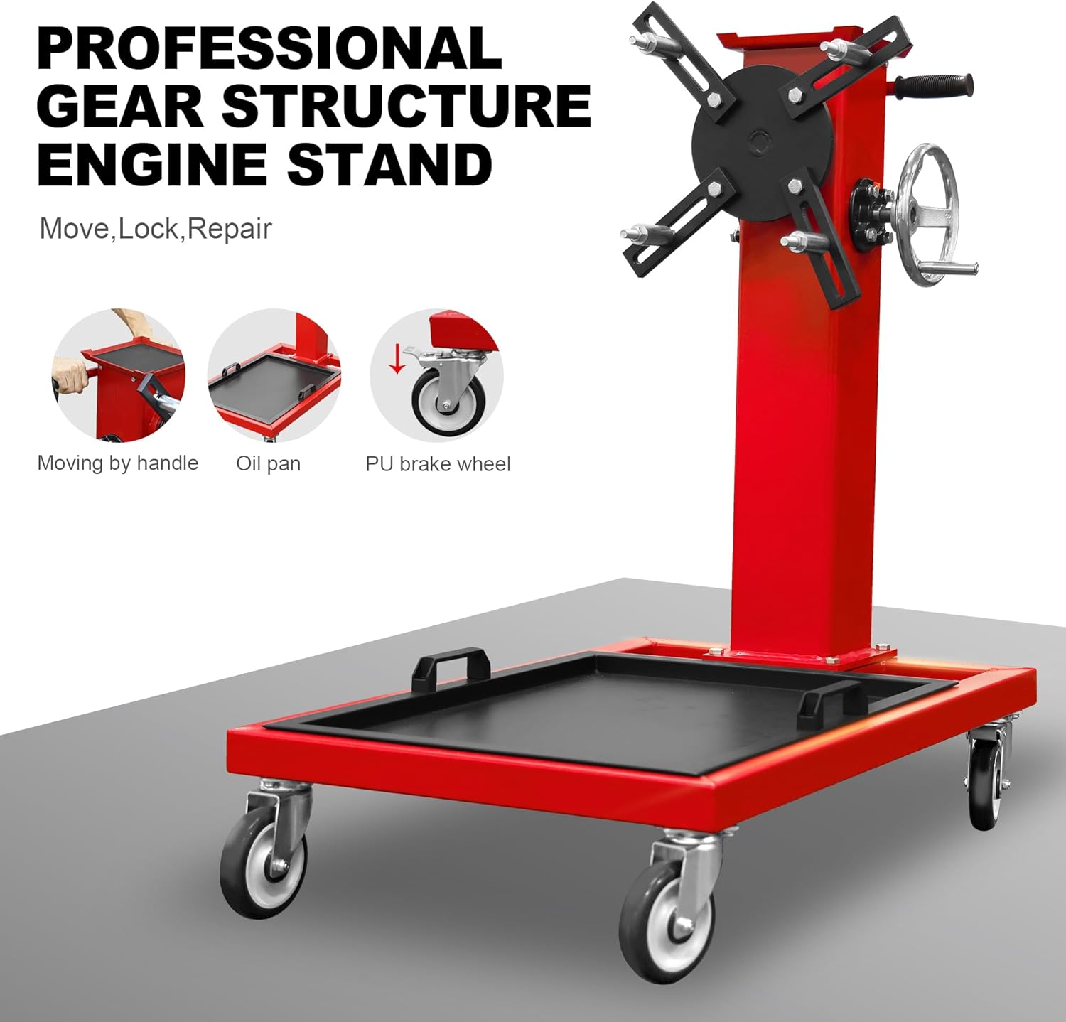 Big RED 1100 lb Capacity Engine Stand, Heavy-Duty Rotating Motor Stand with Magnetic Tool Tray, Gear Lock System, 360° Rotation & Drip Pan, for Auto Repair, Garage Use