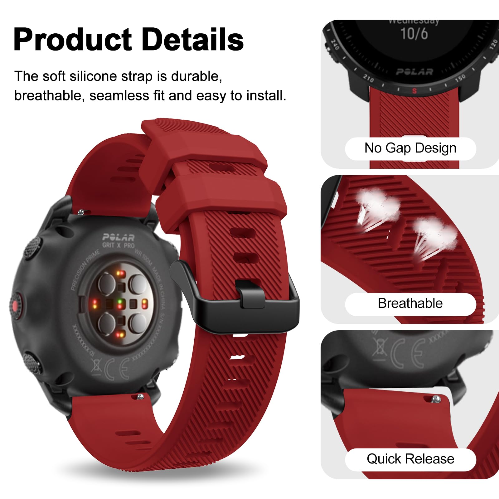 BOJYS Silicone Strap, 22mm Soft Sport Replacement Wristband for Polar Vantage M Vantage M2, Grit X, Grit X Pro - Image 2