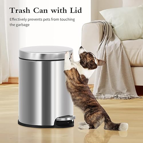 Miniatura 7 de YYkokocat Basurero de baño de 6 litros1.6 galones, pequeño bote de basura de acero inoxidable con tapa  pedal escalonado, cubo de basura redondo con
