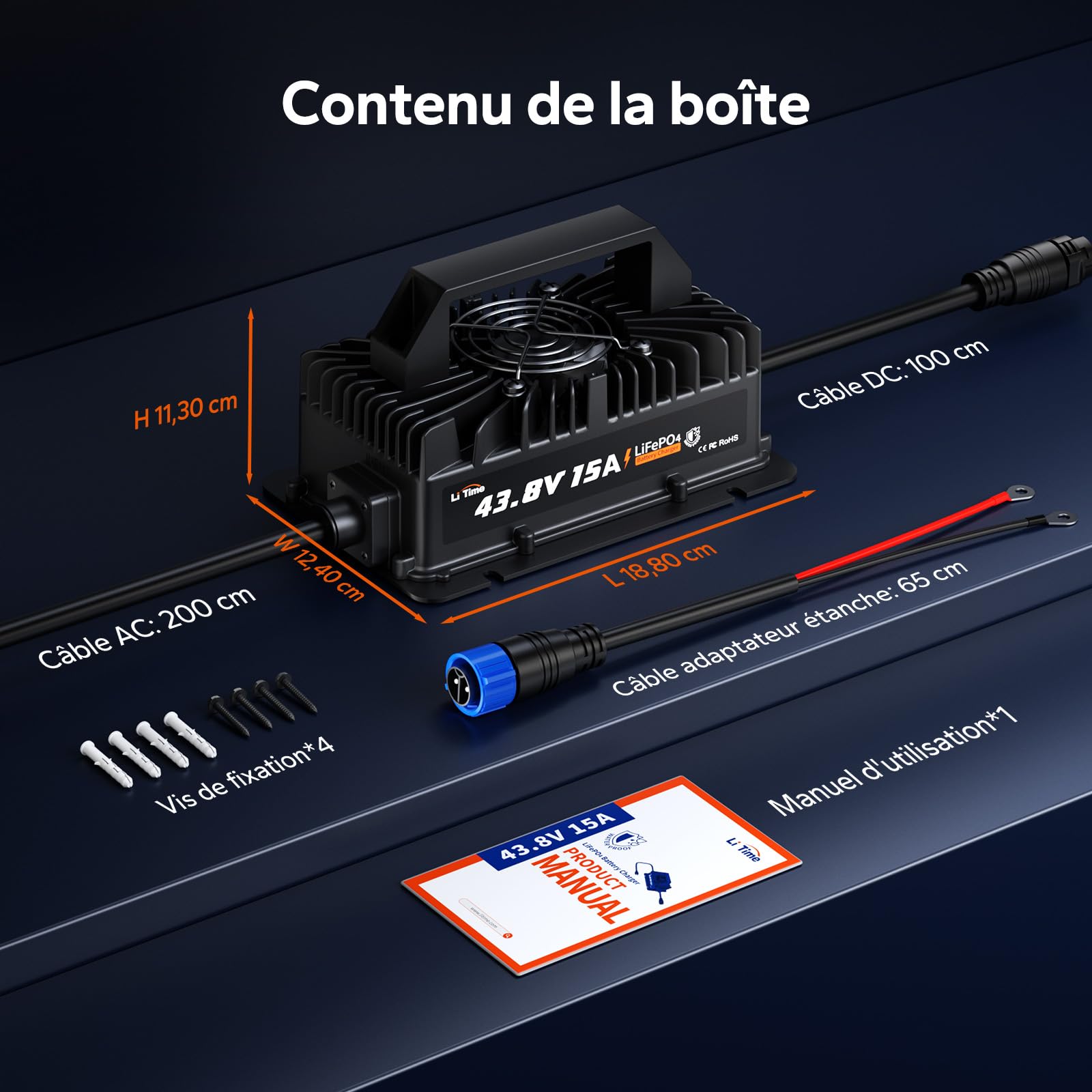 LiTime Chargeur Batterie LiFePO4 36V 15A, Chargeur Lithium 43,8V IP66 Étanche avec Activation de Batterie, Indicateur LED, Chargeur Intelligent 3 Étapes pour Golf Cart, Camping-Car, Bateau
