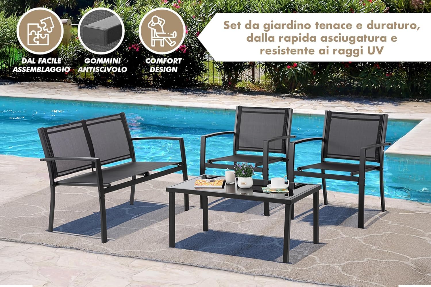 Salotto Da Esterno In Acciaio 2 Poltrone 1 Divano 1 Tavolo Giardino Esterno Con Seduta In Textilene Patio Salottino Relax Primavera Estate Mobili Estivi 4 Posti Tavolo Ripiano In Vetro - Nero