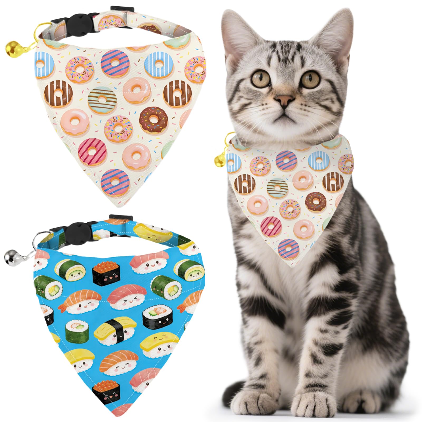 GLOBLELAND 2 Pack Donuts Dog Bandana Collar Pet Triangle Bibs with Bell Sushi Adjustable Dog Collar Gourmet Food Cat Collars Scarf for Pets Kittens Puppy Cats Dogs