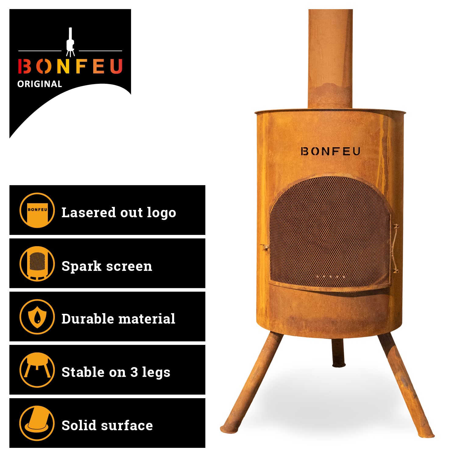 BonFeu BonTon 60 Grate - Patio stove - Fireplace with spark protection for relaxing evenings - Fire column outdoor - Patio fireplace with barbecue grate - Corten steel garden stove - 60x60x205cm - 3