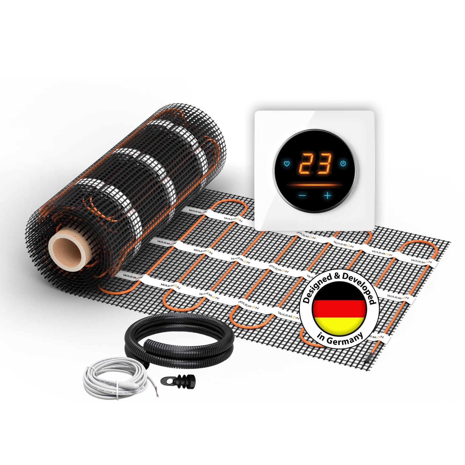 Elektryczne ogrzewanie podłogowe: mata grzewcza WARMON CLASSIC LIGHT 100 W/m² z termostatem WiFi OKE-25 Touch i ramką ze szkła Garda, termostat: OKE25 Garda biały, rozmiar maty: 3,5 m²