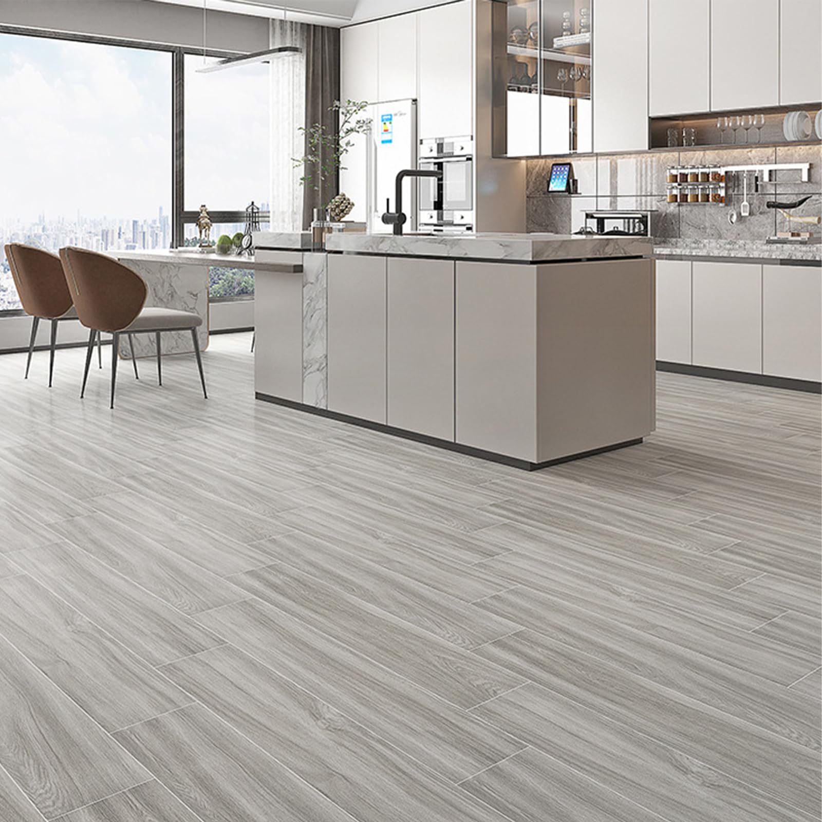 INMOZATA PVC Bodenbelag 5.01m² Vinylboden Selbstklebend Wasserdichte Bodenaufkleber für Küche Bad Haus Bodenfliese, 91.5 X 15.2CM, Weiß Grau