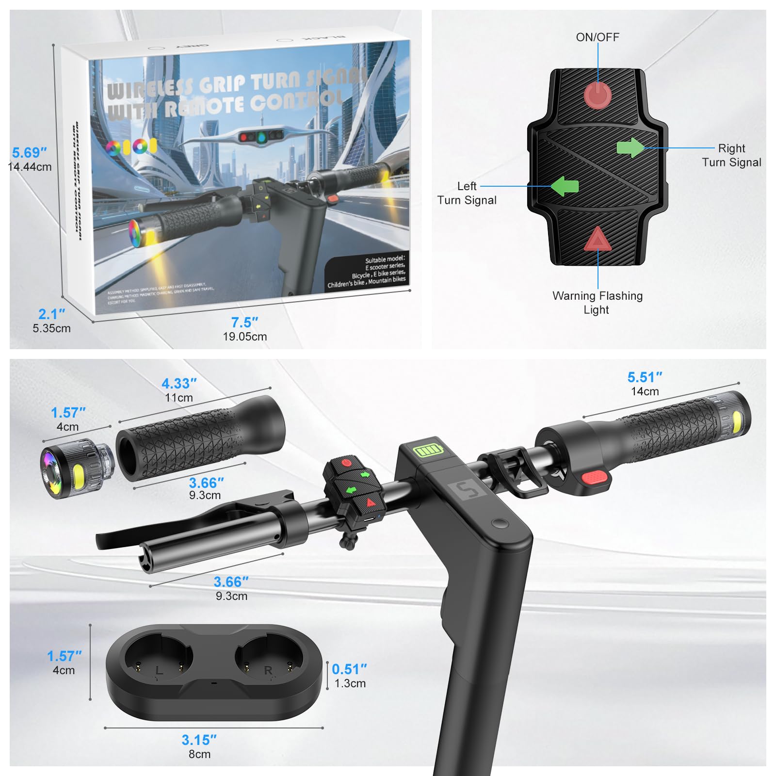 E Scooter Blinker Griff mit Farbwechsel-Lichtern, Roller Blinklicht mit magnetischer Ladestation & Fernbedienung Warnlicht für Xiaomi M365/Pro2/1S, Ninebot G30 Ersatzlenker, Scooter-Zubehör