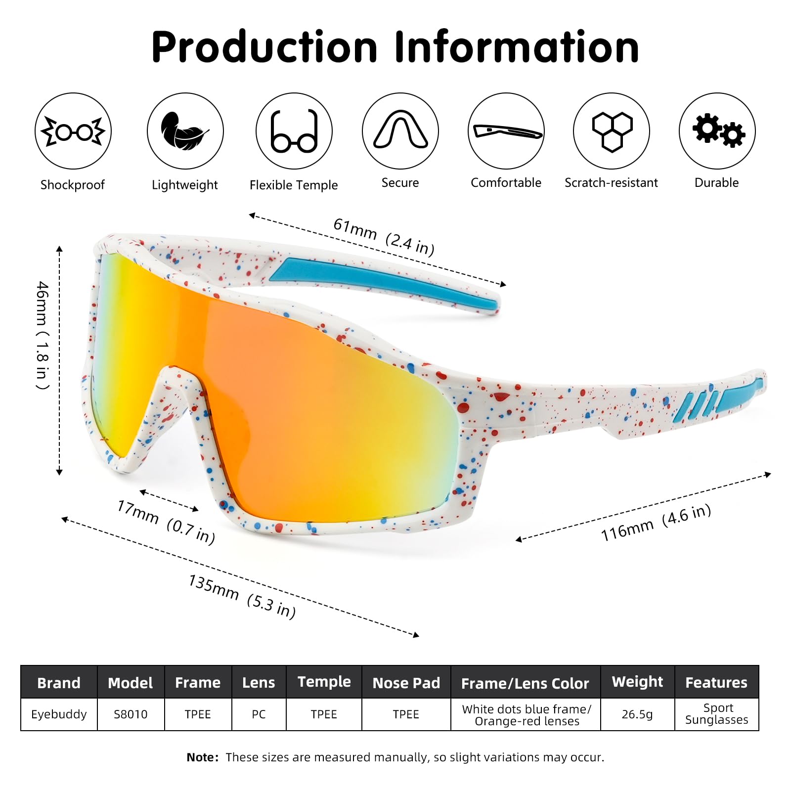 EYEBUDDY Okulary przeciwsłoneczne dla dzieci, młodzieżowe, baseballowe, okulary przeciwsłoneczne, chłopcy, dziewczęta, softball, sport, ochrona UV400, wiek 6-12 lat
