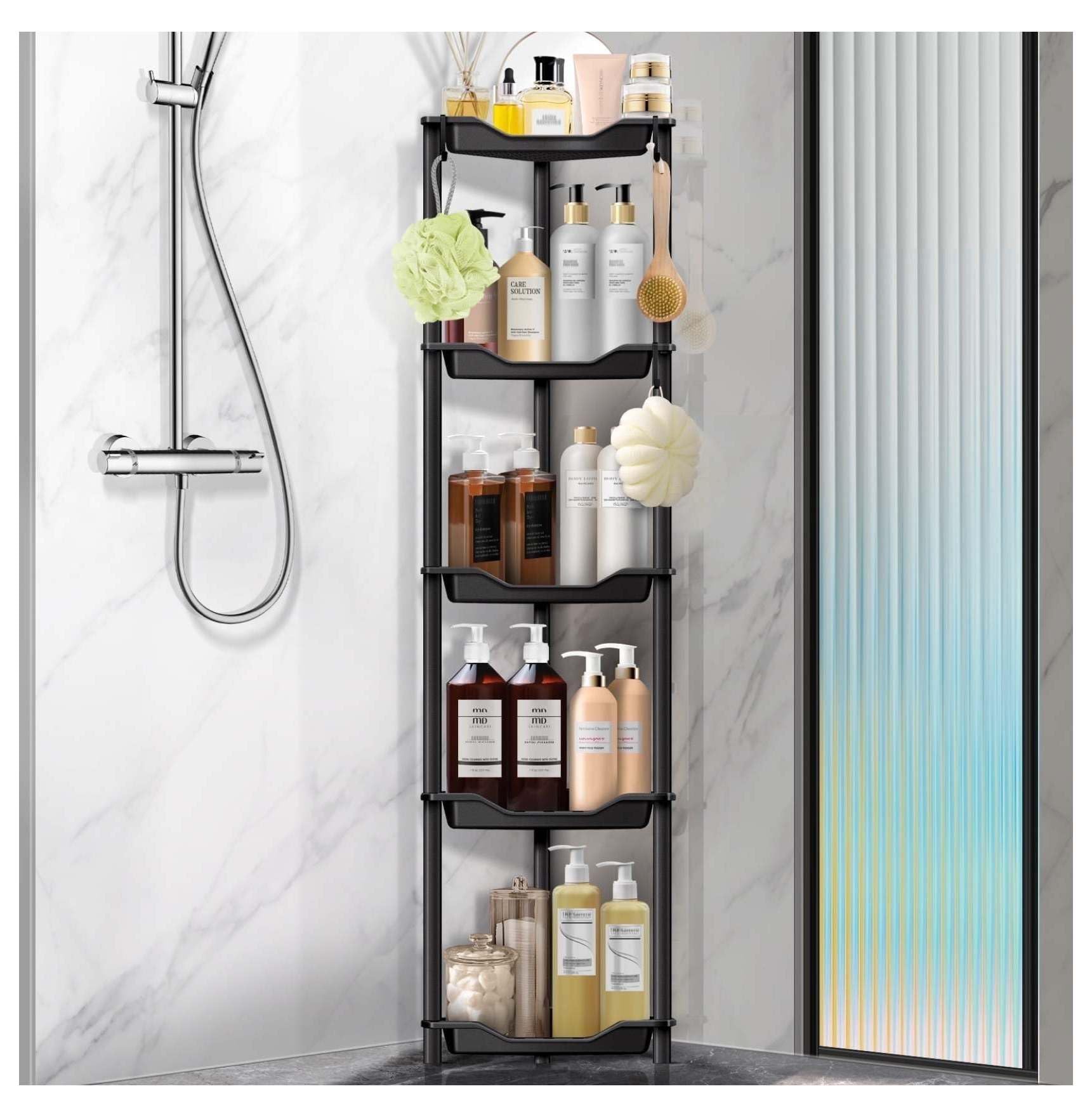 5 Tier Shower Caddy Corner - Rustproof Bathroom Organizer Shelves Large Capacity Shower Rack for Essentials Black